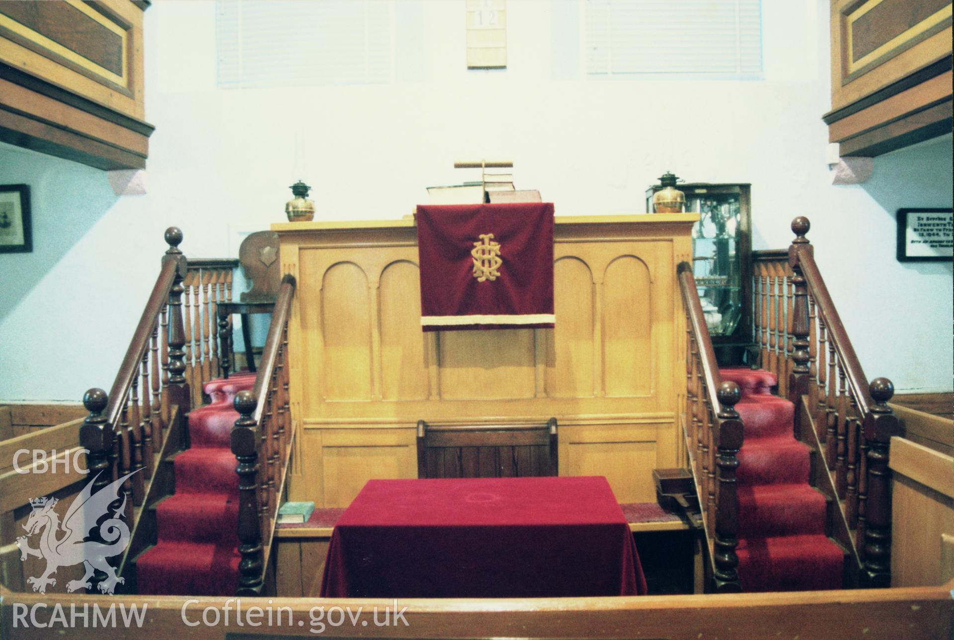Digital copy of a colour photograph showing an interior view of Carmel Baptist Chapel, Clarbeston, taken by Robert Scourfield, 1996.