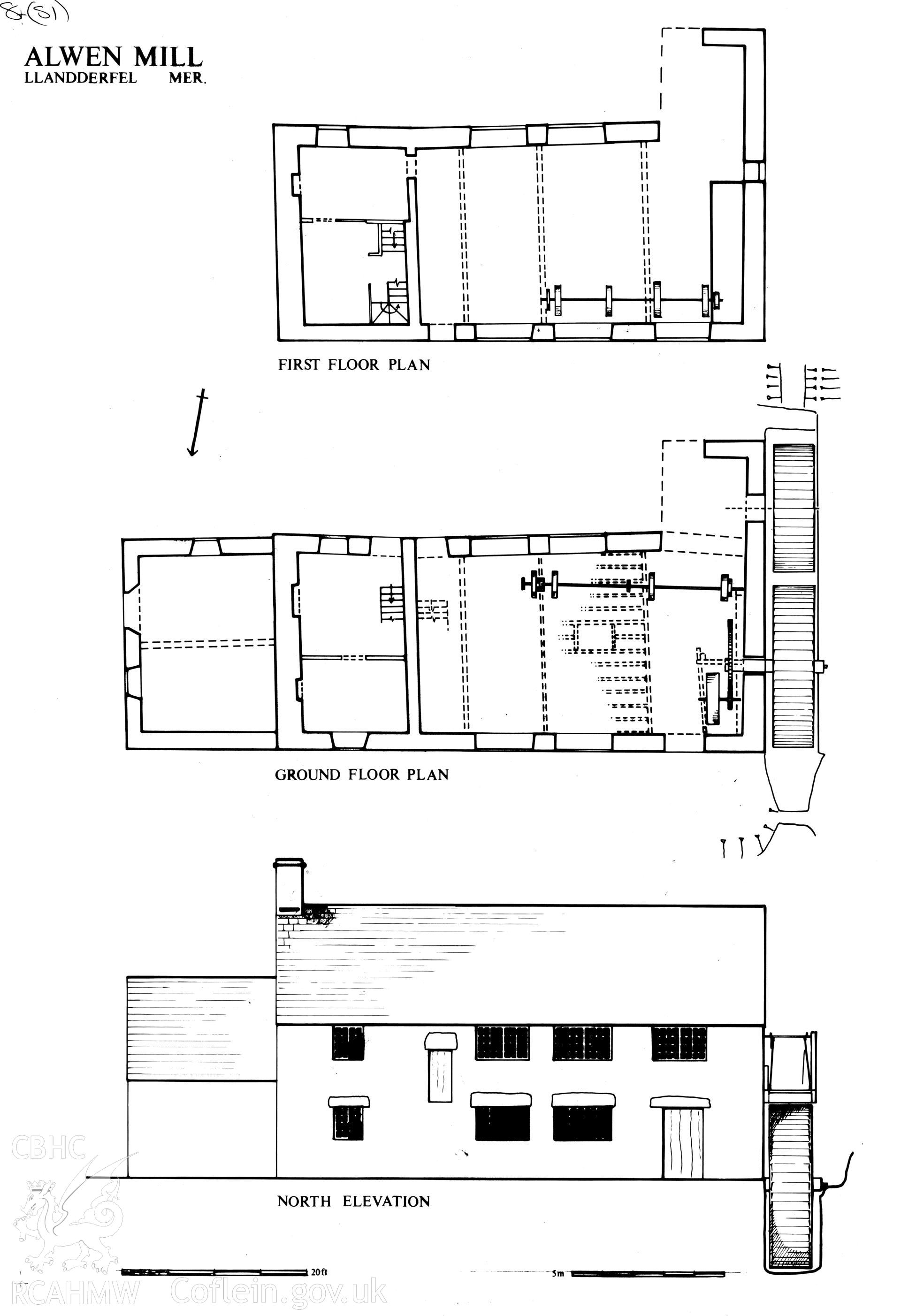 RCAHMW drawing by Tony Parkinson showing plan and elevation of Alwen Mill, Llandderfel.