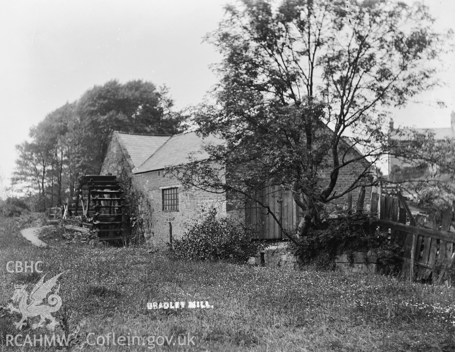 A black and white print showing Bradley Mill. Part of the Davies collection.