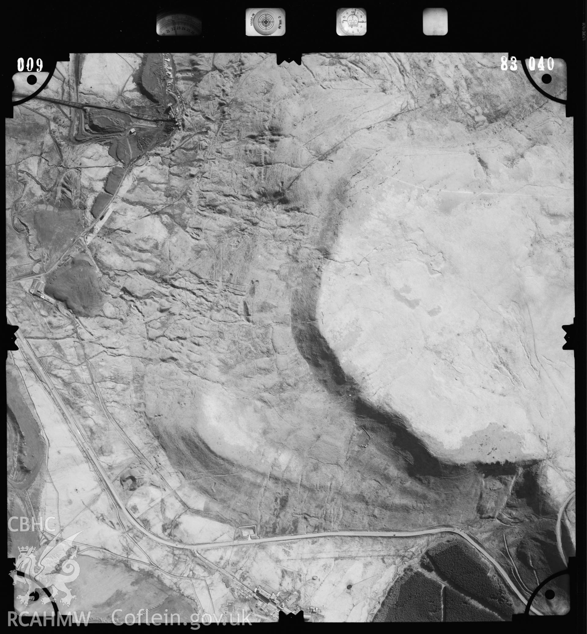 Digitized copy of an aerial photograph showing the area around Tower Drift Mine, Hirwaun, taken by Ordnance Survey, 1983.