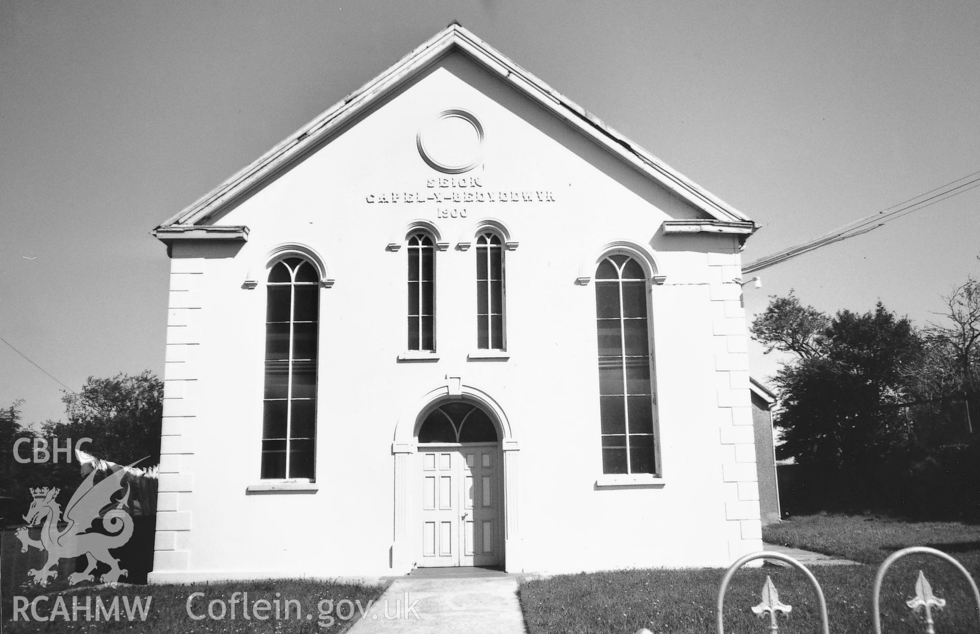 Digital copy of a black and white photograph showing a general view of Seion Baptist Chapel. Crymych, taken by Robert Scourfield, 1995.