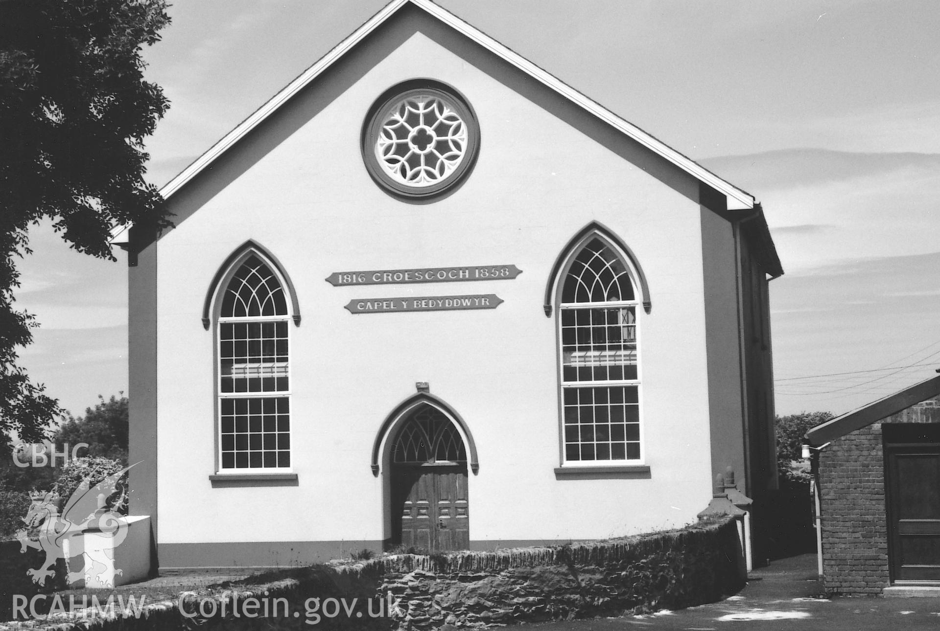 Digital copy of a black and white photograph showing an exterior view of Croesgoch Baptist Chapel, Llanrhian,  taken by Robert Scourfield, 1995.