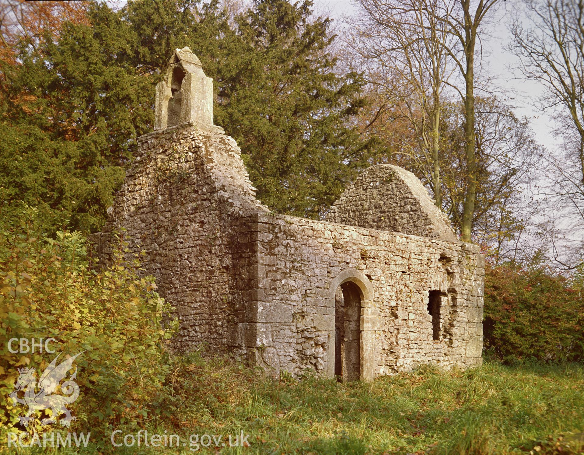 Colour transparency showing a view of St Roque's Chapel, Merthyr Mawr produced by RCAHMW, c.1980
