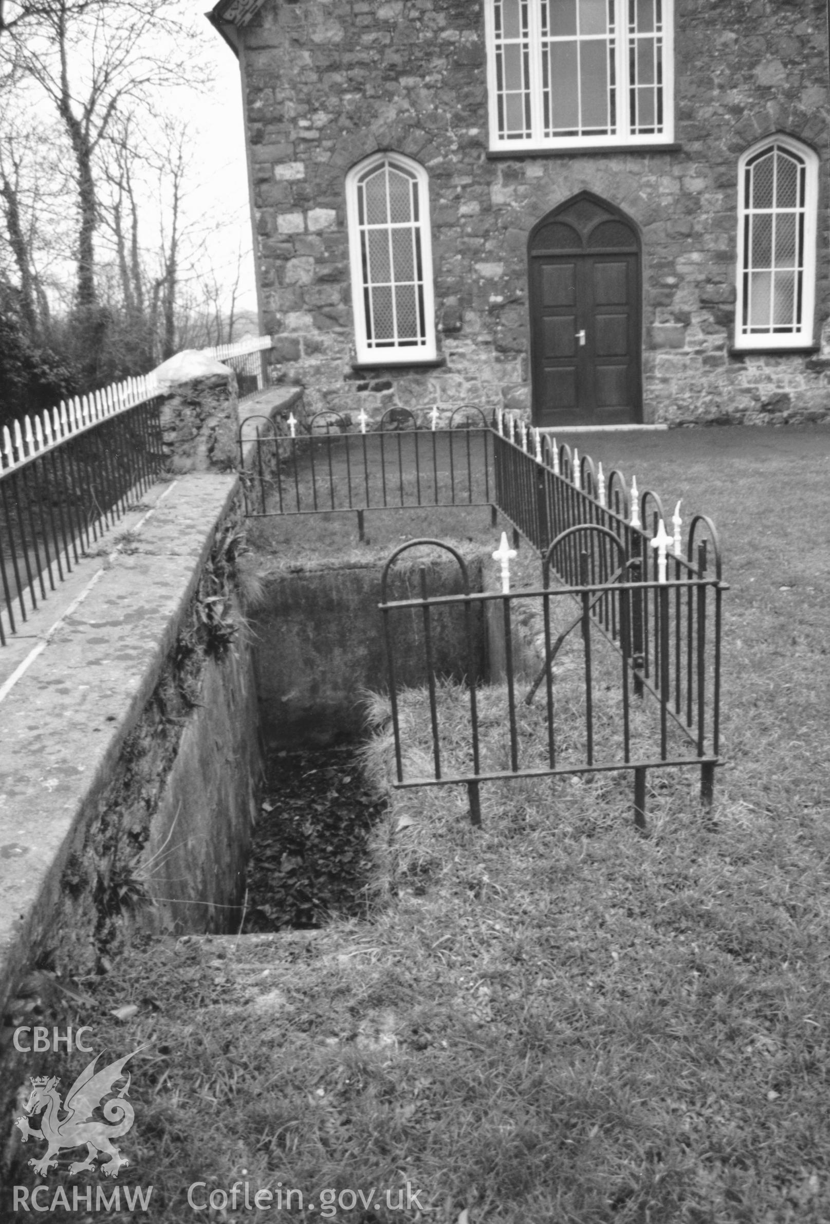 Digital copy of a black and white photograph showing view of the baptizing pool at Lebanon Baptist Chapel, Camrose, taken by Robert Scourfield, 1996.