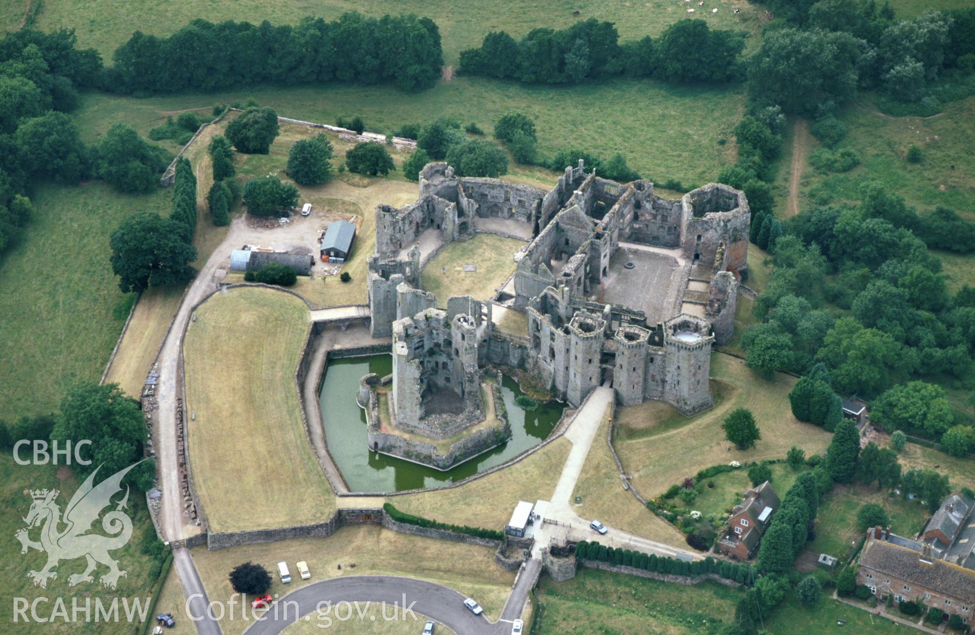 RCAHMW colour slide oblique aerial photograph of Raglan Castle, taken by C.R. Musson, 18/07/94