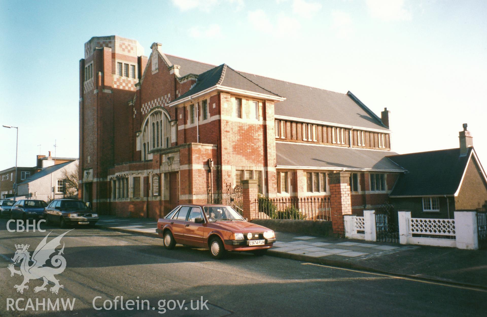 Digital copy of a colour photograph showing an exterior view of Tabernacle Congregational Chapel, Milford Haven,  taken by Robert Scourfield, 1995.