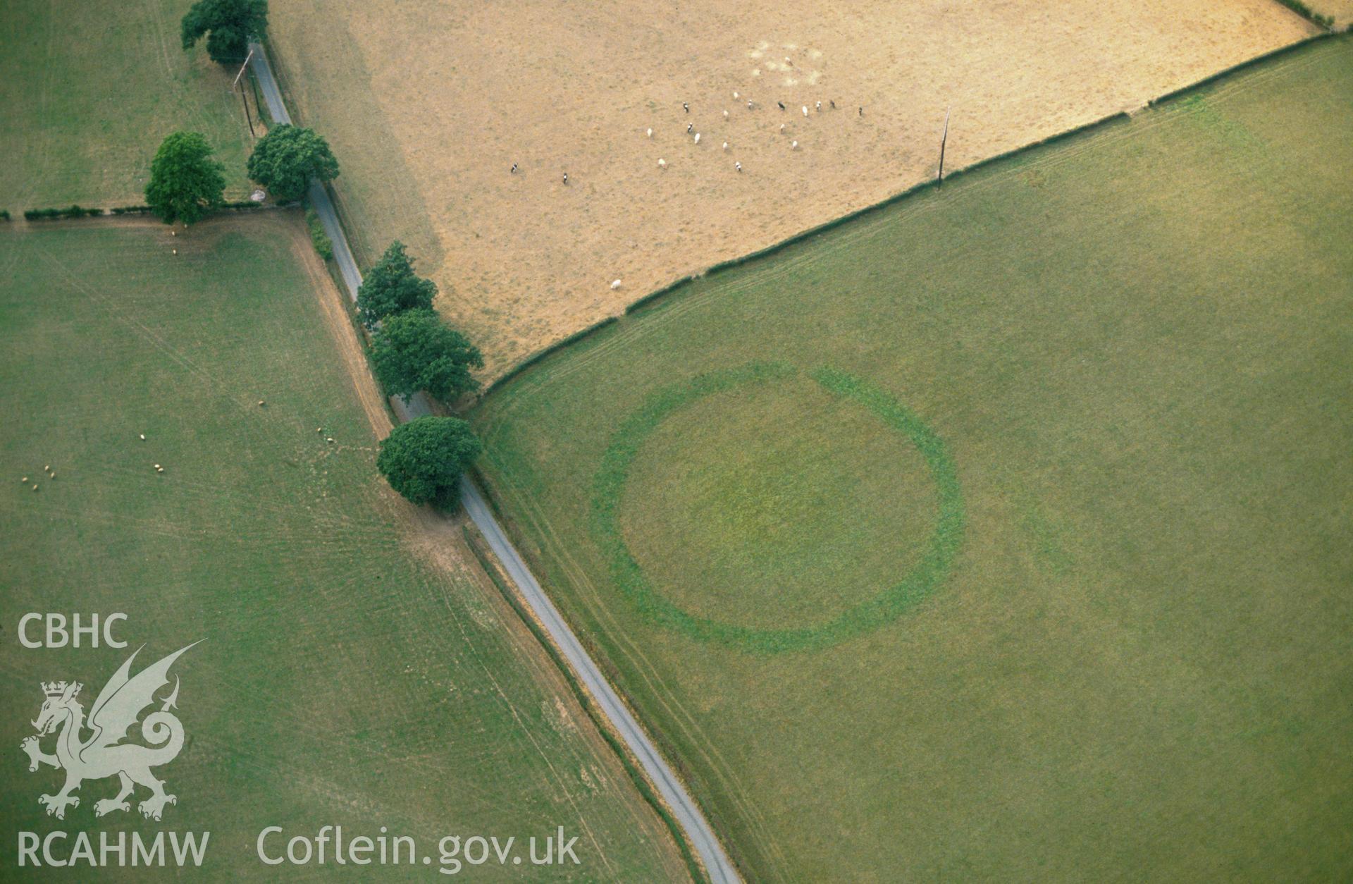 Slide of RCAHMW colour oblique aerial photograph of Dyffryn Lane Barrow, Berriew, taken by C.R. Musson, 1990.