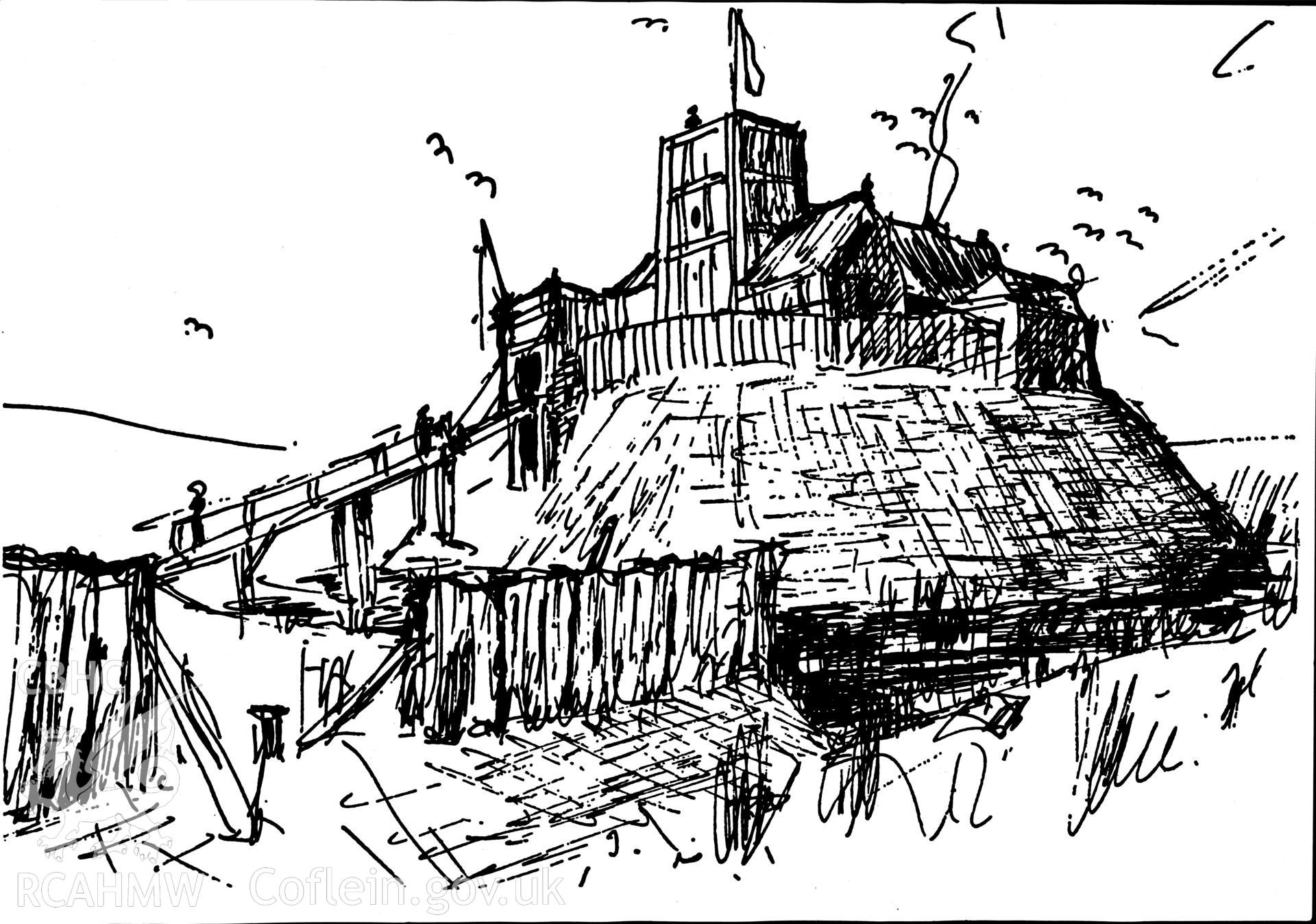 Undated ink drawing by Douglas Hague showing a conjectural reconstruction view of Sycharth Castle.
