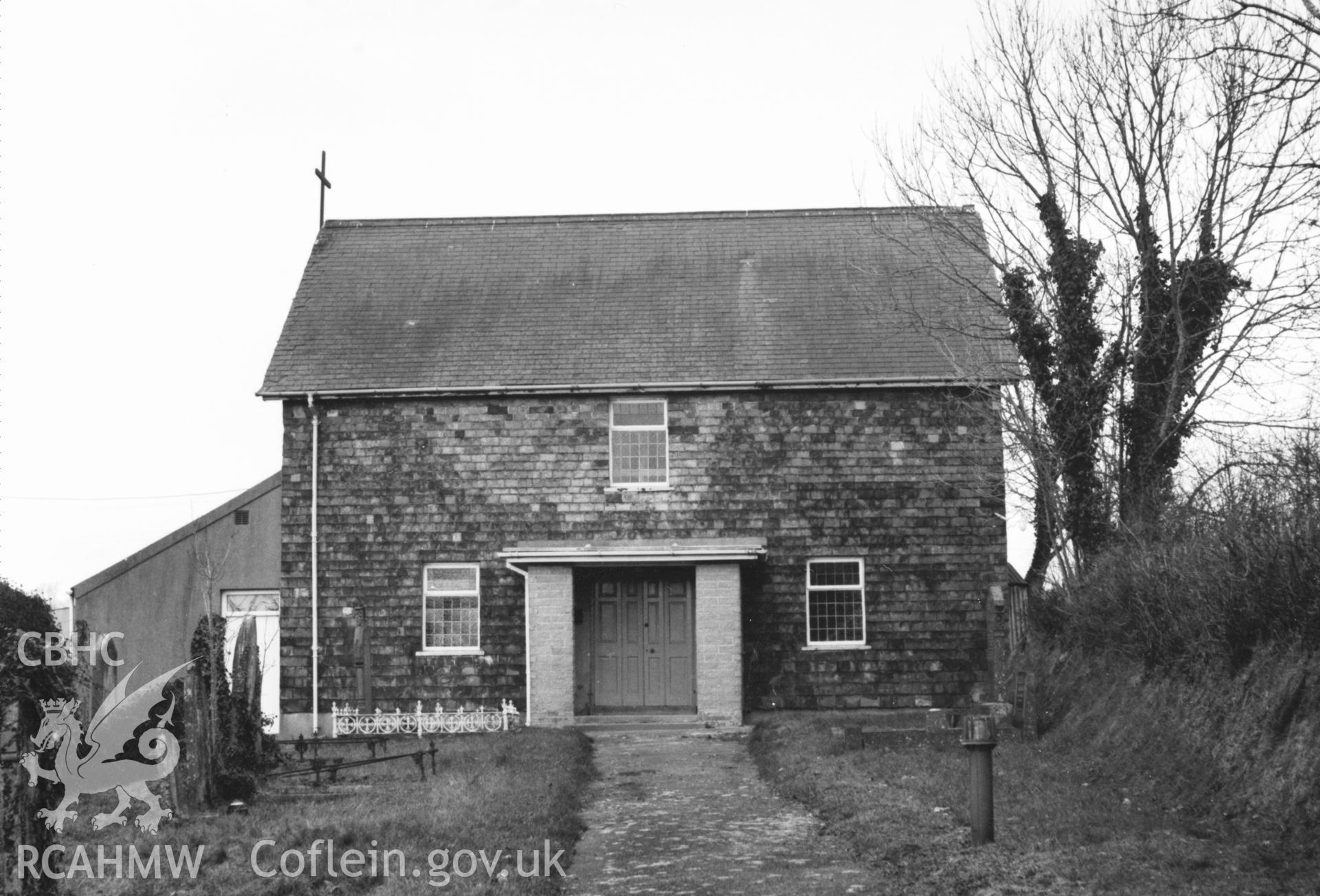 Digital copy of a black and white photograph showing an exterior view of South Dairy English Baptist Chapel,  taken by Robert Scourfield, 1996.