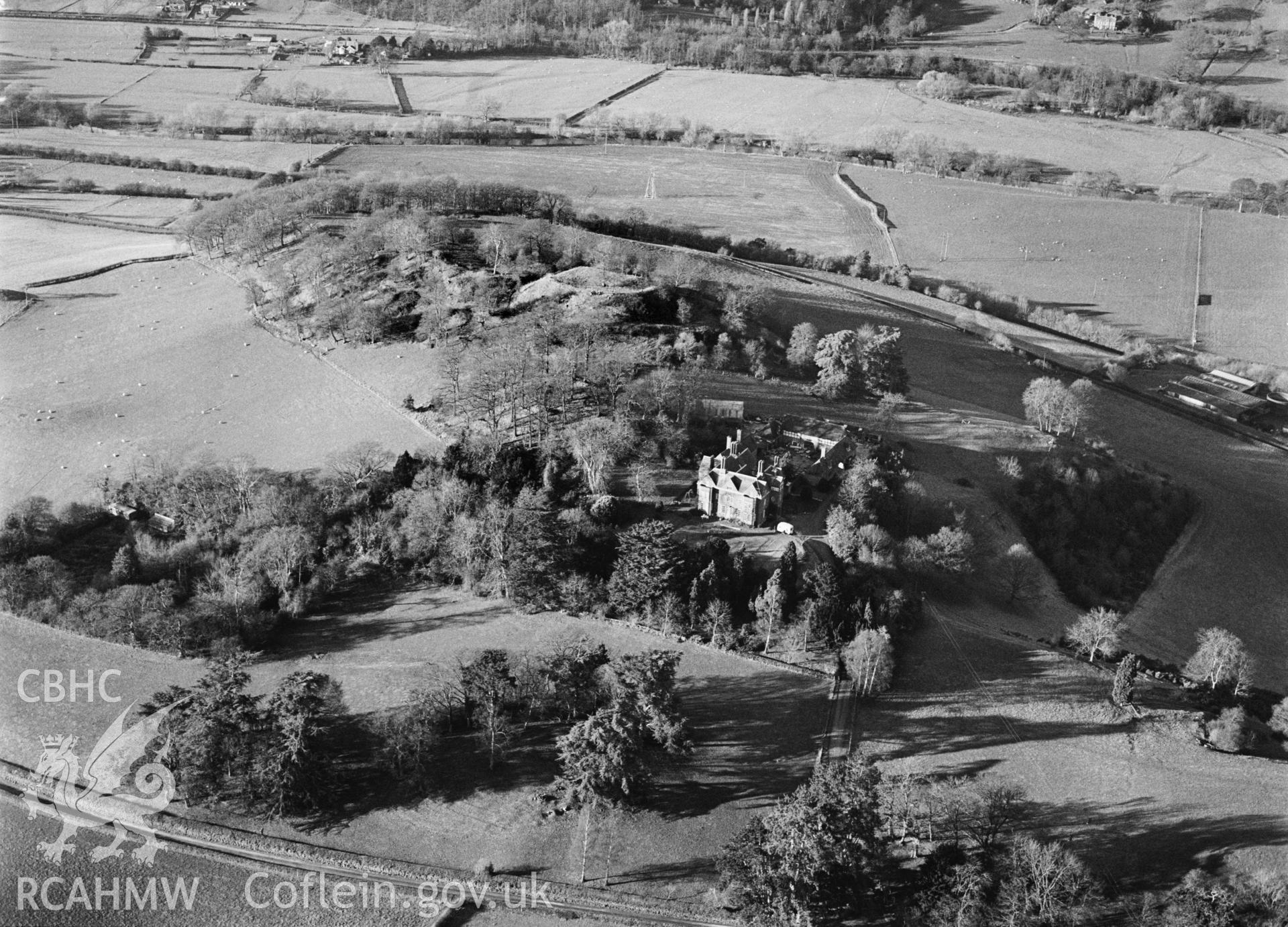 RCAHMW Black and white oblique aerial photograph of Cefn Bryn Talch House, taken  by CR Musson, 1998.