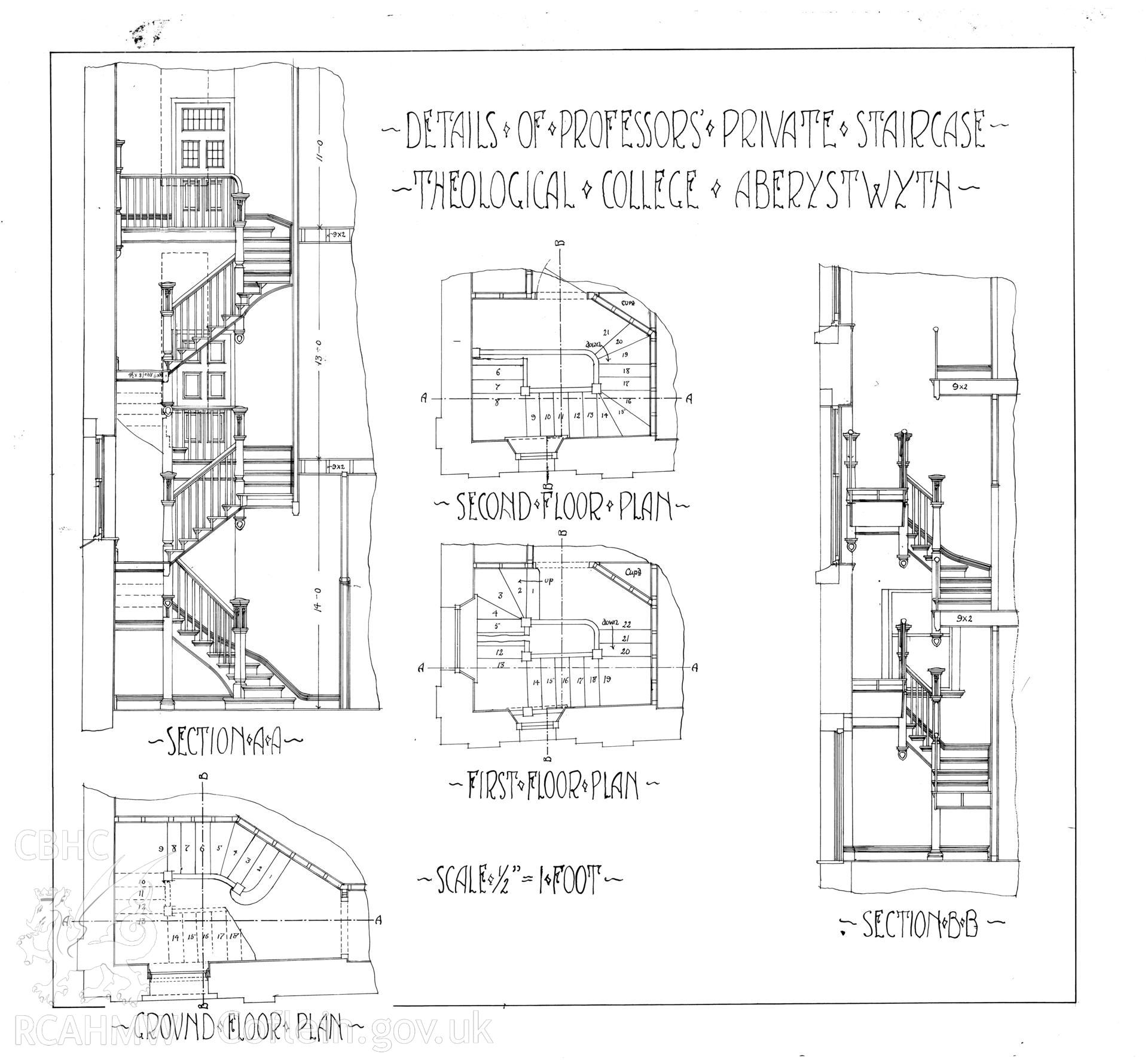 Pen and ink drawing of the professor's private staircase, showing first, second and ground floor plans and elevations at the Theology College/ Cambrian Hotel, Aberystwyth  (formerly the Hotel Cambria), c.1906.
