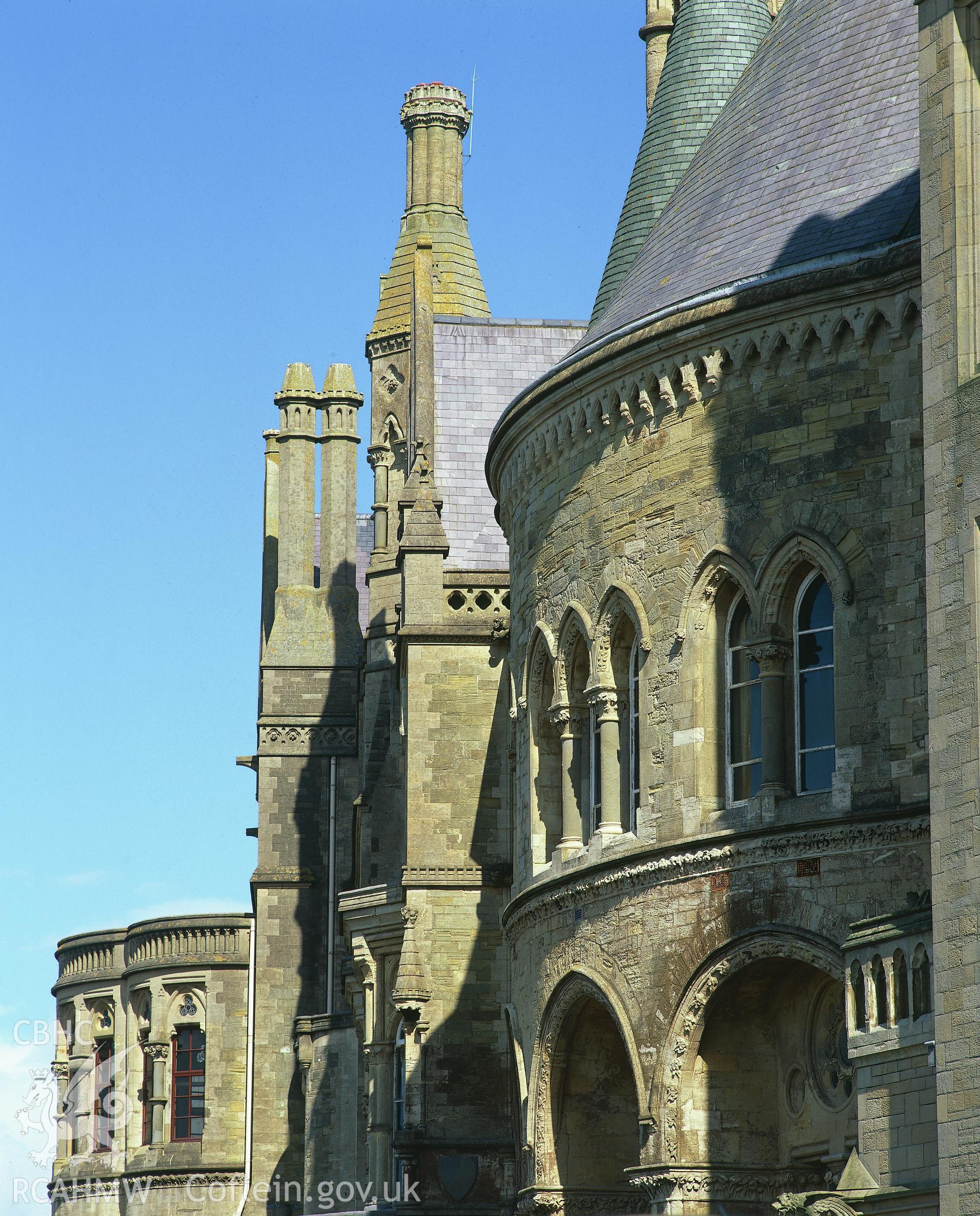 RCAHMW colour transparency showing detail of the north-west facade of Old College, Aberystwyth.