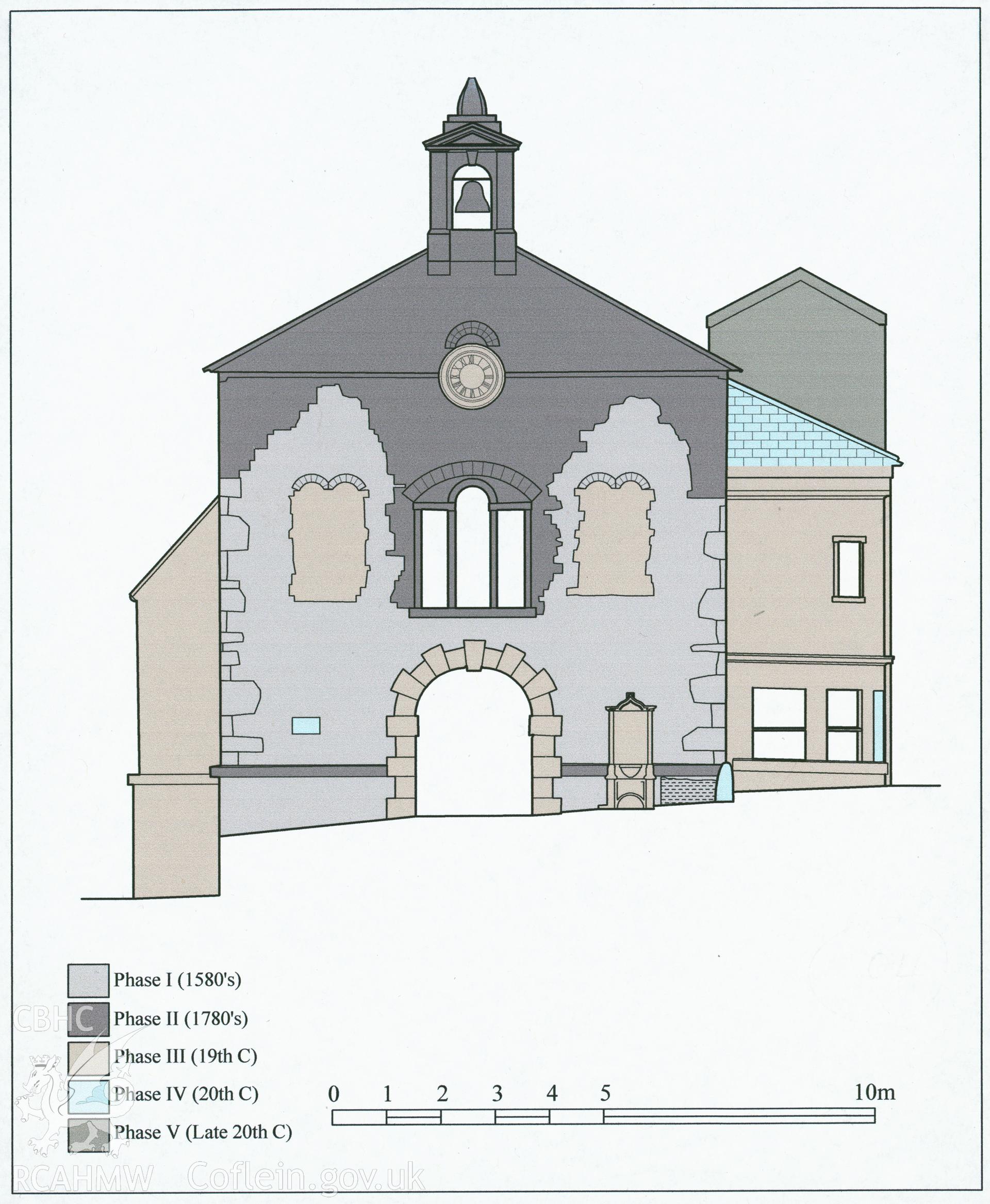 Printout of an autocad depiction of the north elevation from a detailed digital building survey of Denbigh Townhall, produced from the autocad file DCH04, carried out by Susan Fielding, 04/08/2005 to 21/09/2005, as part of the Denbigh Town Heritage Initiative.