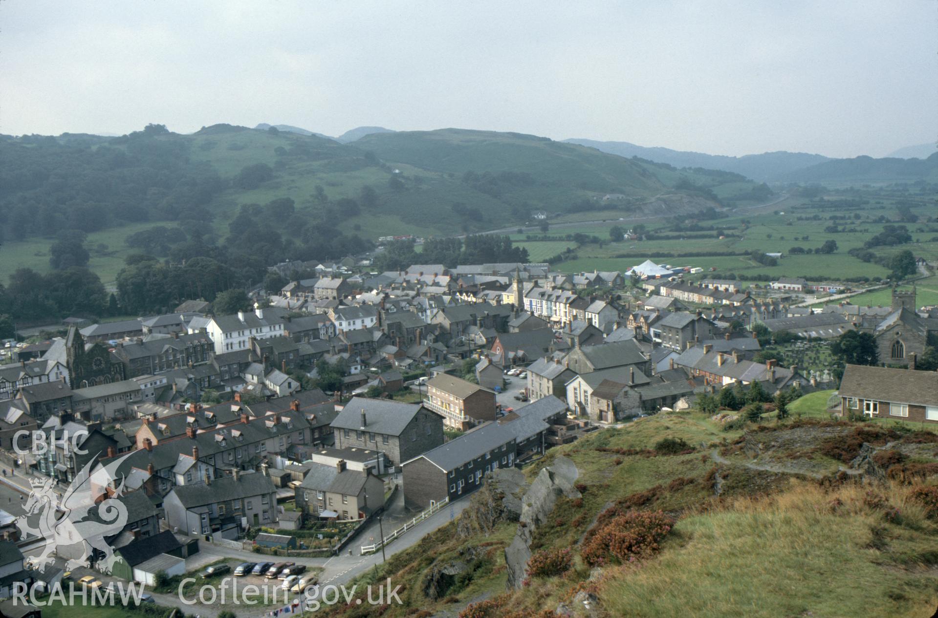 Colour photographic transparency showing aerial oblique view of Machynlleth town; collated by the former Central Office of Information.