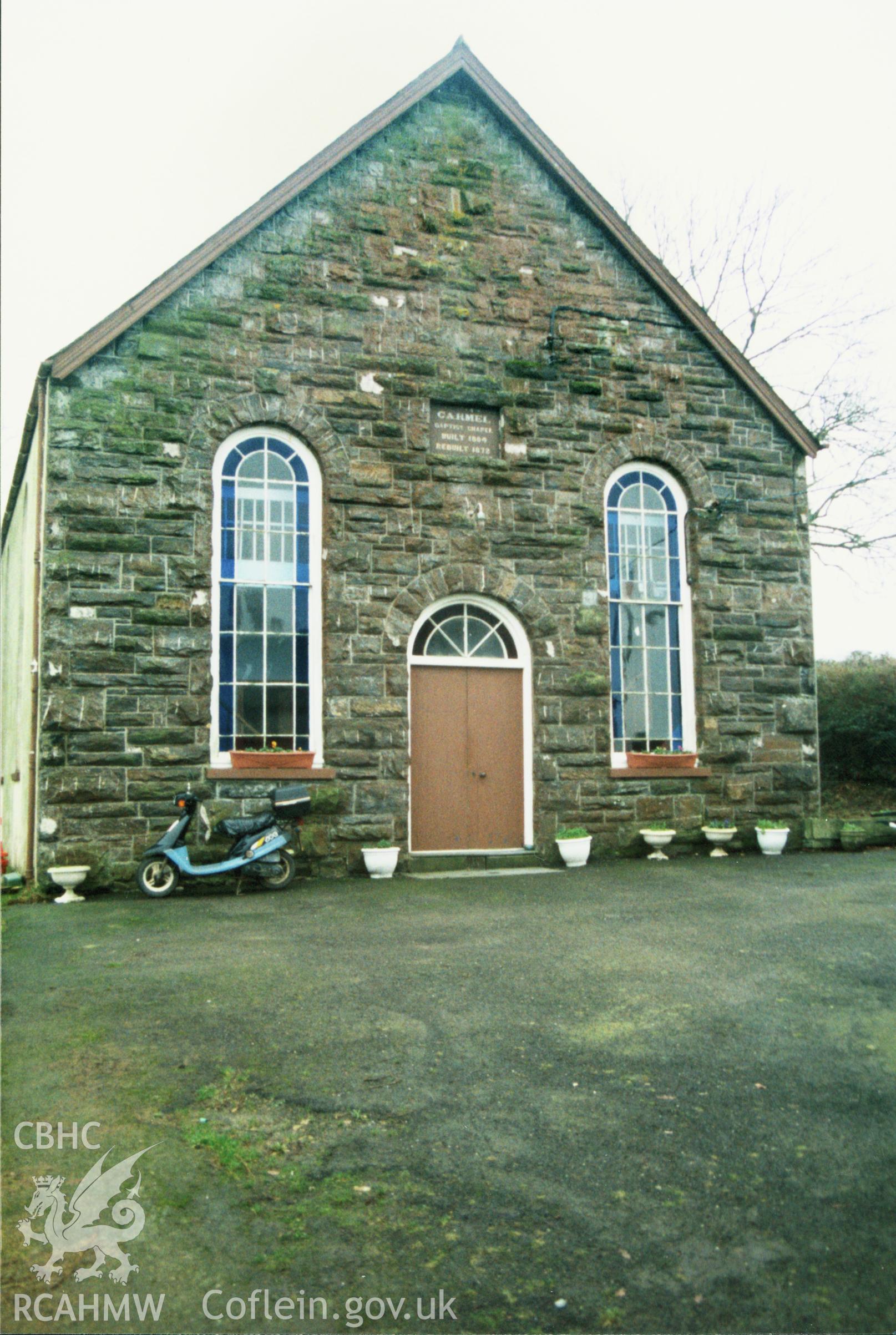 Digital copy of a colour photograph showing an exterior view of Carmel Baptist Chapel, Clarbeston, taken by Robert Scourfield, 1996.