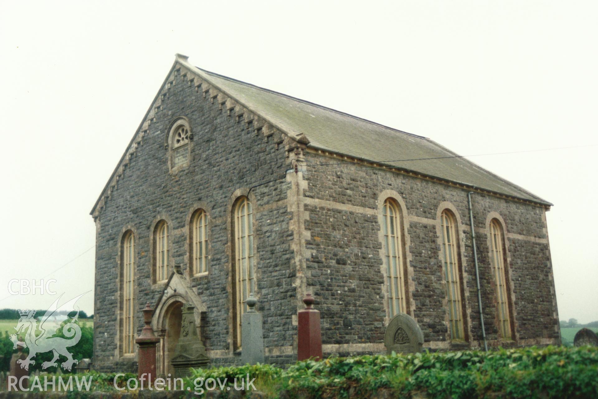 Digital copy of a colour photograph showing an exterior view of Bryn Sion Independent Chapel, Llan-mill, taken by Robert Scourfield, 1996.