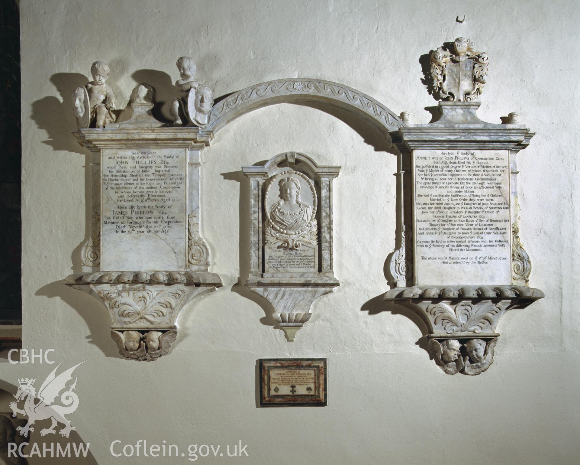 Colour transparency showing memorial to John and Ann Philips, situated in Carmarthen Church, produced by Iain Wright, June 2004.