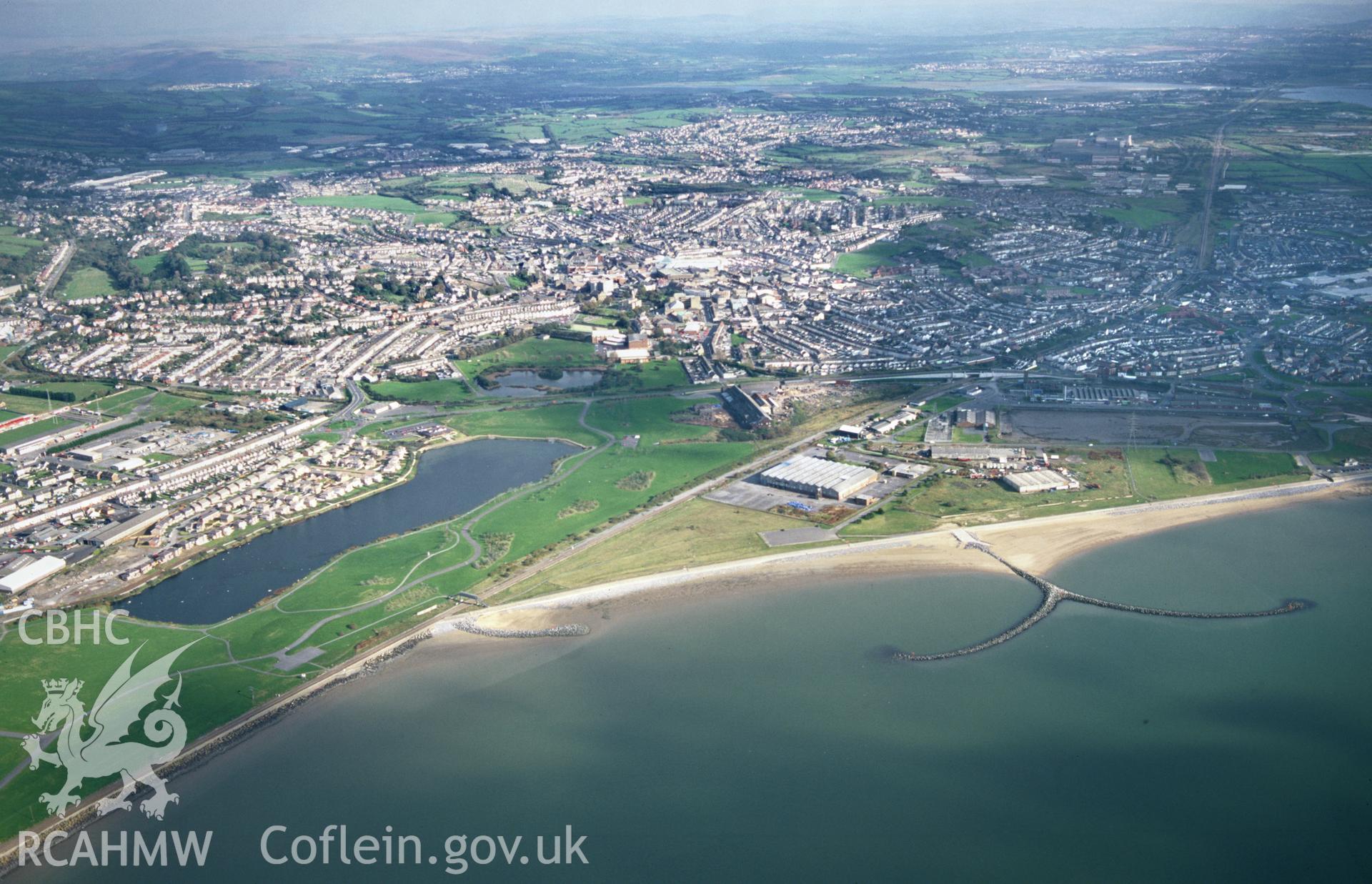 RCAHMW colour slide oblique aerial photograph of Breakwater West of Llanelli, Llanelli, taken by T.G.Driver on the 24/10/1997