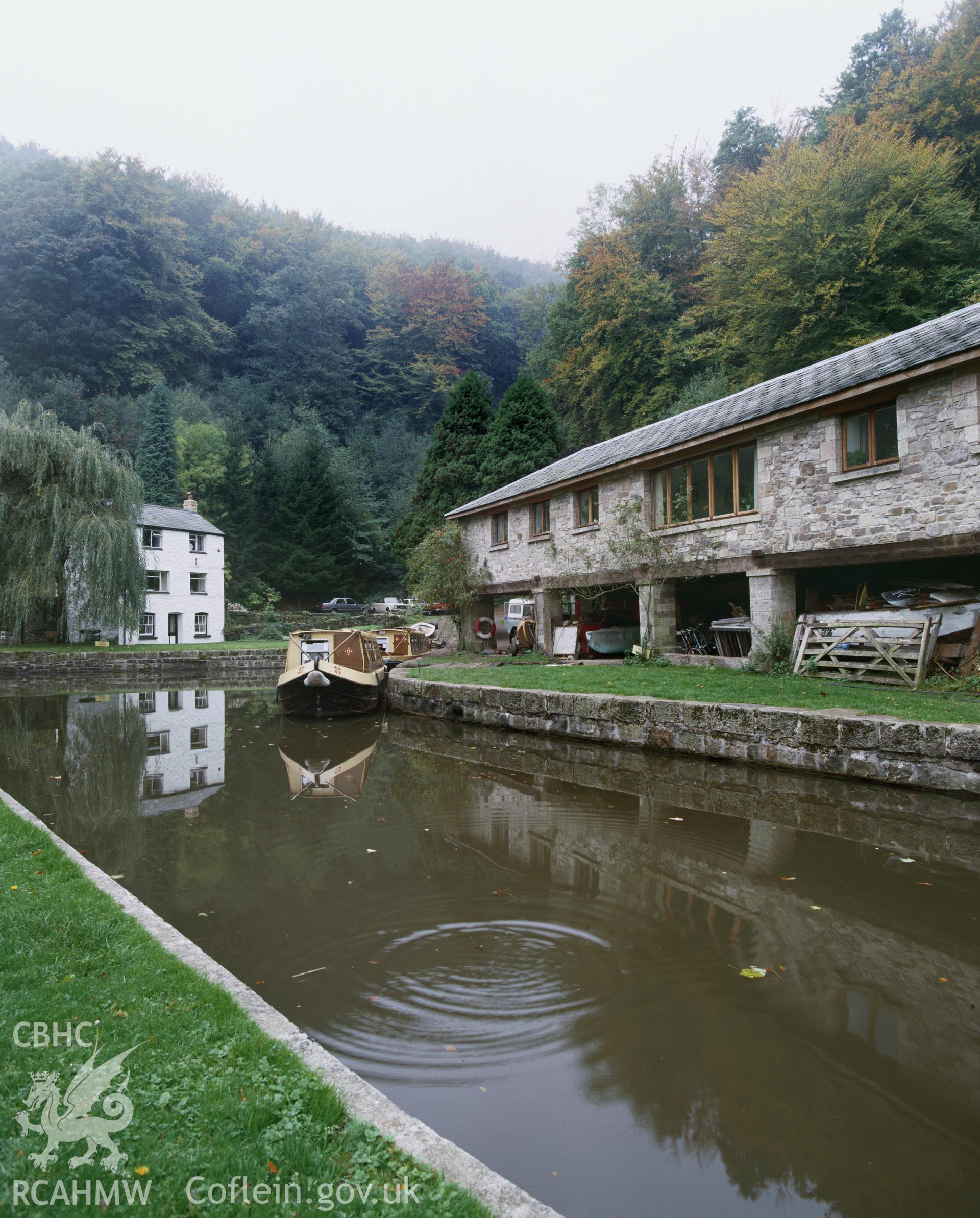 Colour transparency showing a view of the warehouse at Llanfoist, on the Brecon Monmouth Canal, produced by Iain Wright c.1990