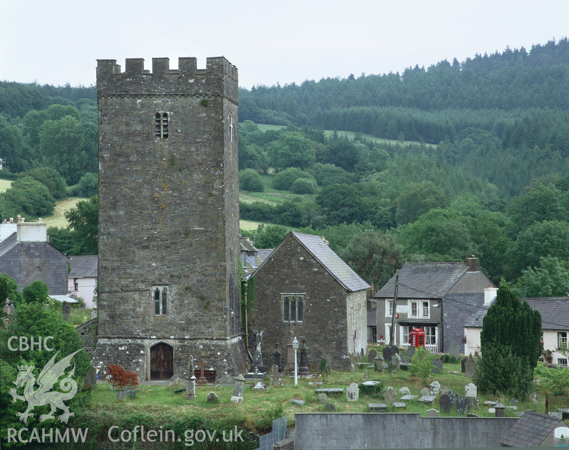 Colour transparency showing view of St Cynwyl's Church, Cynwyl Gaeo, produced by Iain Wright, June 2004.