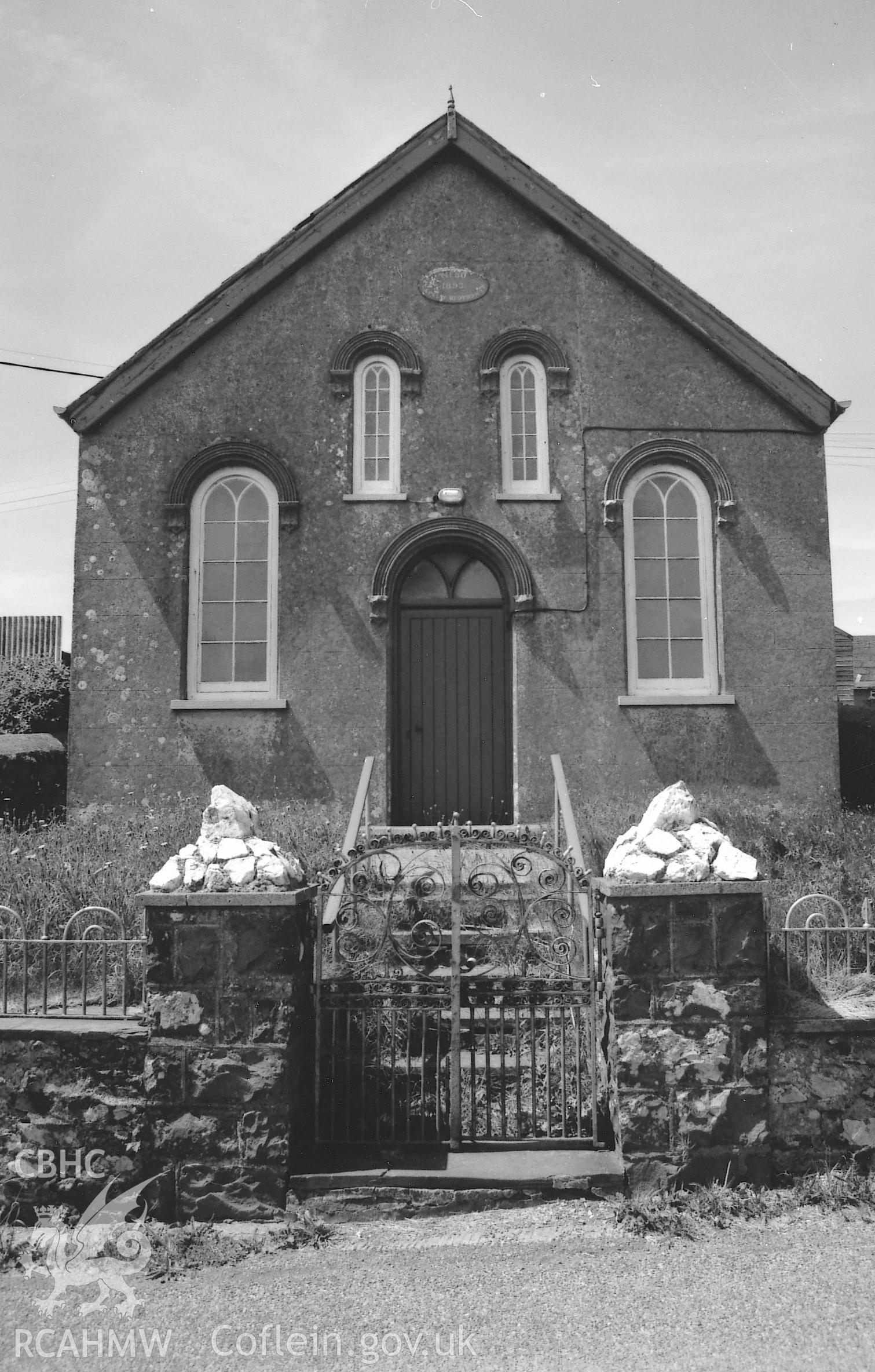 Digital copy of a black and white photograph showing an exterior view of Nebo Baptist Chapel, Mathry,  taken by Robert Scourfield, 1995.