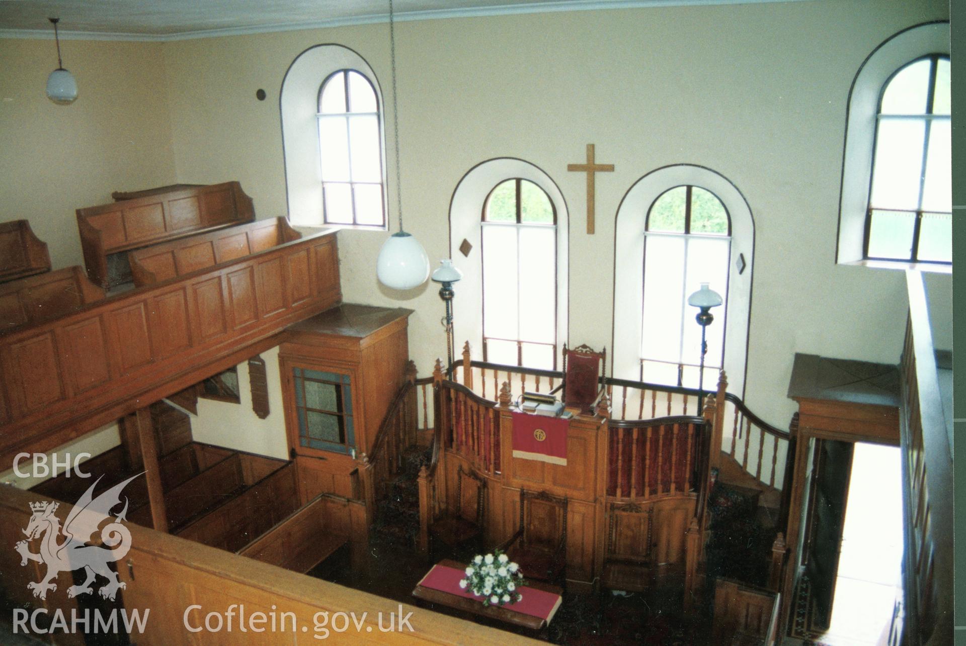 Digital copy of a colour photograph showing an interior view of Carvan Independent Chapel, Lampeter Velfrey, taken by Robert Scourfield, 1996.