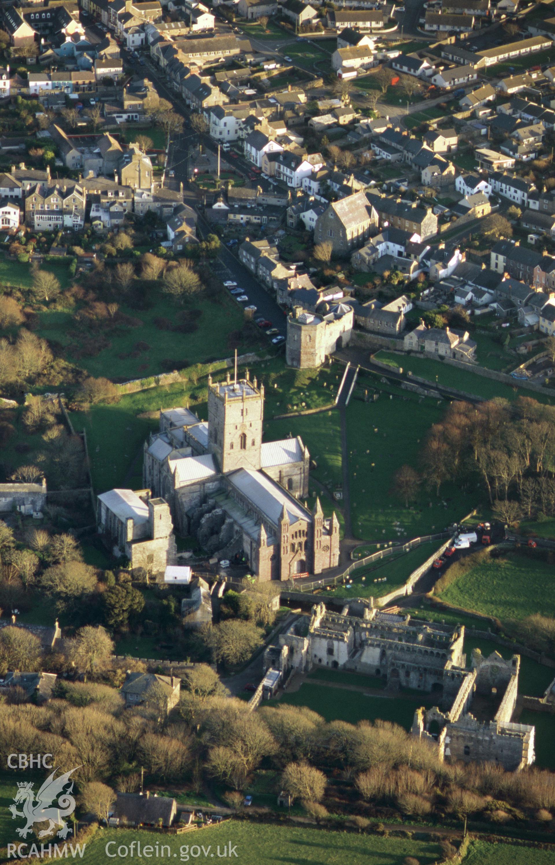Slide of RCAHMW colour oblique aerial photograph of St David's Cathedral, taken by T.G. Driver, 2005.