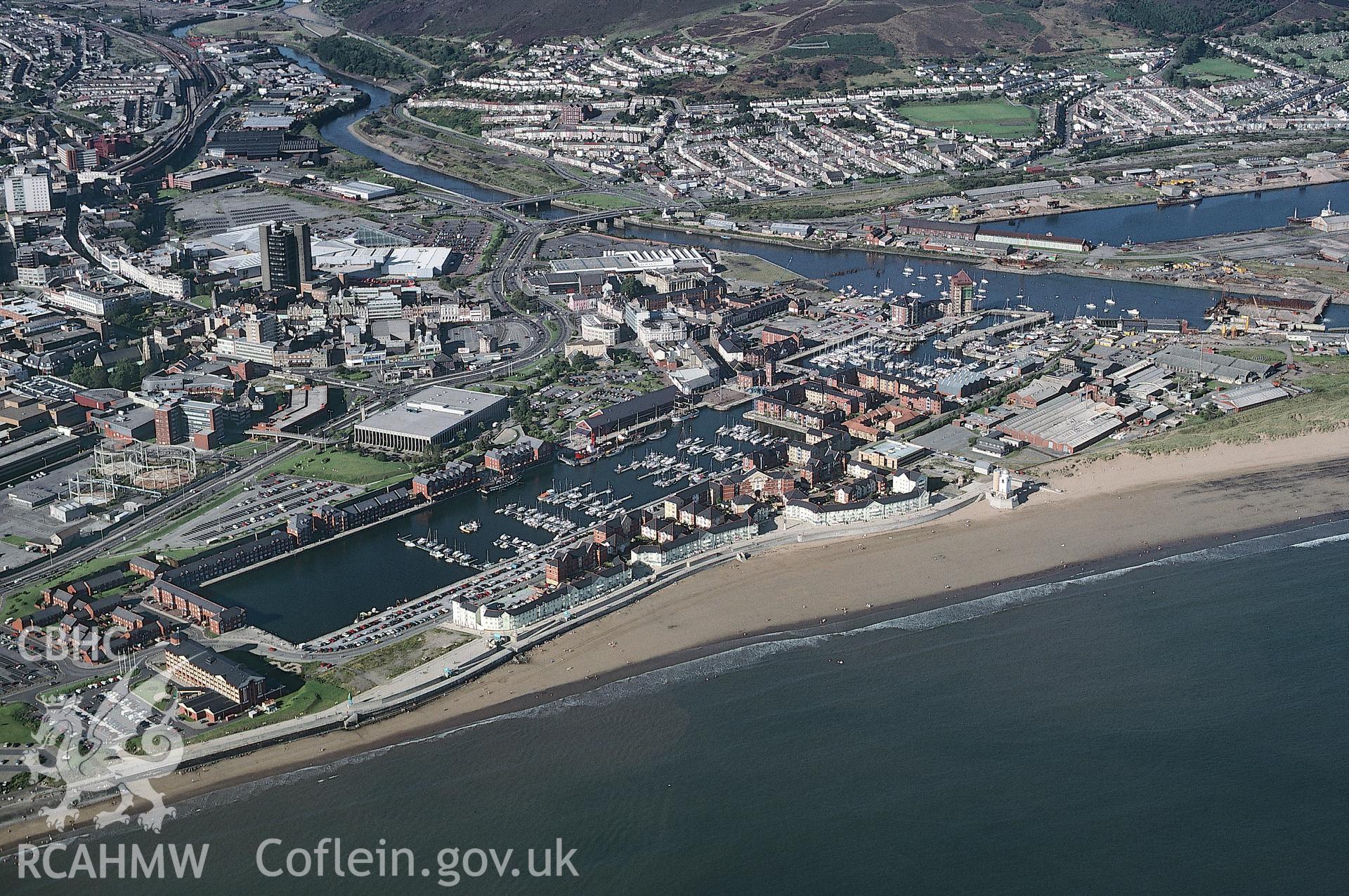 RCAHMW colour slide oblique aerial photograph of Swansea Marina, taken on 25/08/1991 by CR Musson