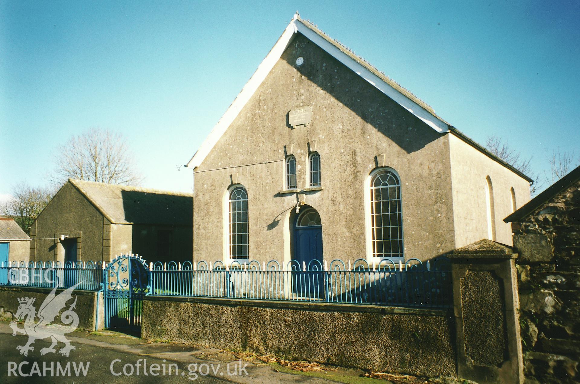 Digital copy of a colour photograph showing an exterior view of Bethel Calvinistic Methodist Chapel, Puncheston,  taken by Robert Scourfield, 1995.