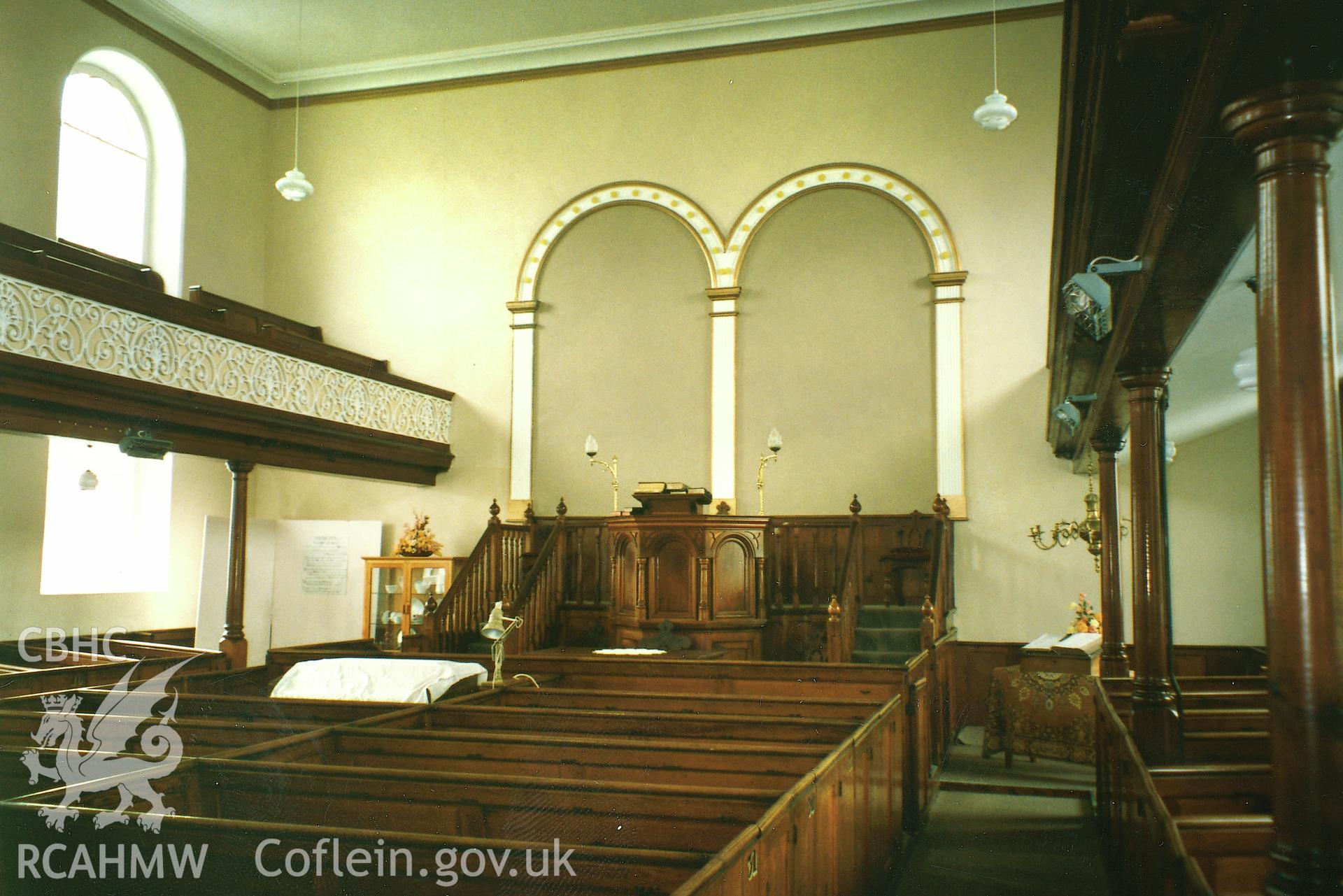 Digital copy of a colour photograph showing an interior view of Ebenezer Independent Chapel, St David's,  taken by Robert Scourfield, 1995.