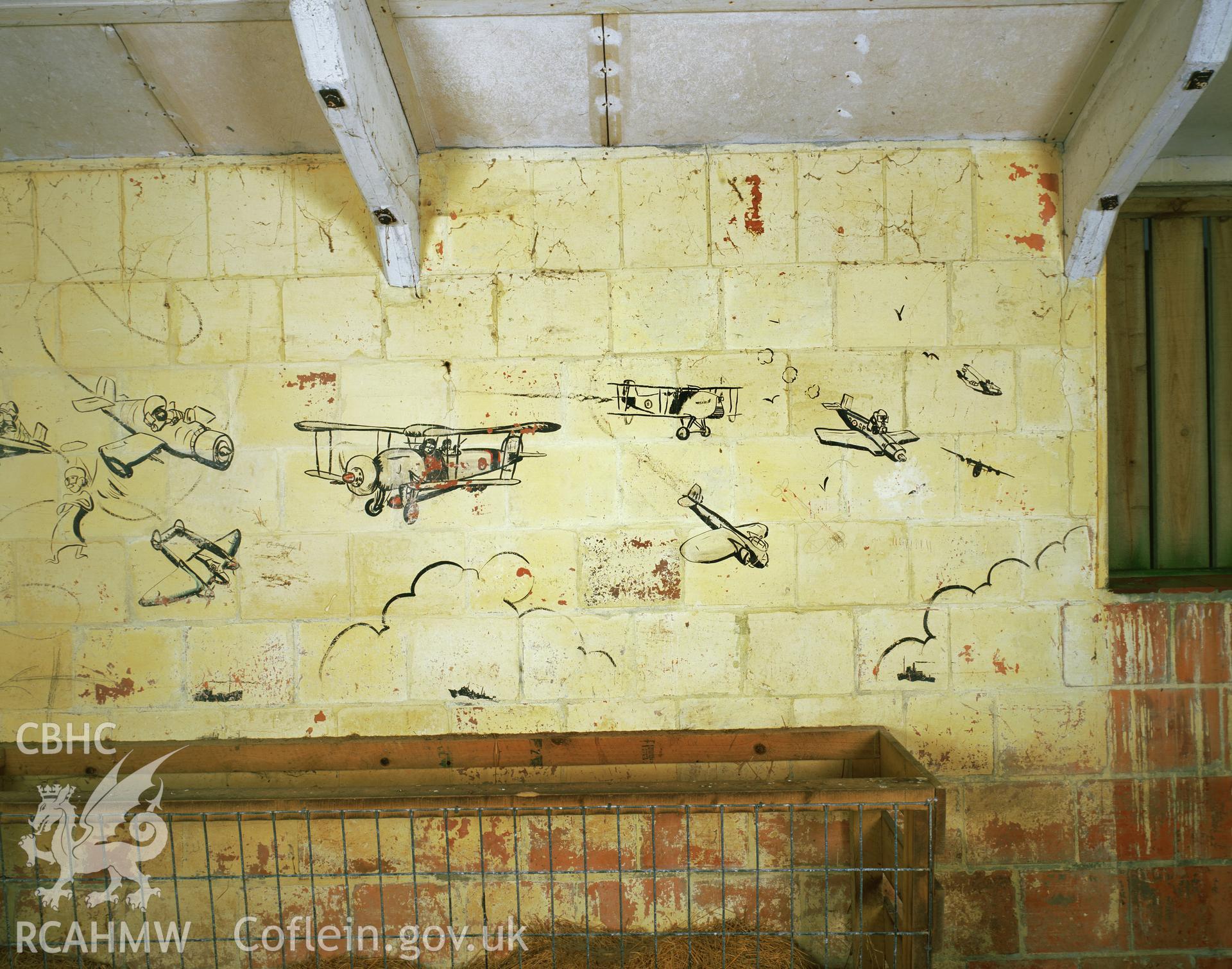 RCAHMW colour transparency showing wallpaintings in the accommodation blocks at Dale Airfield