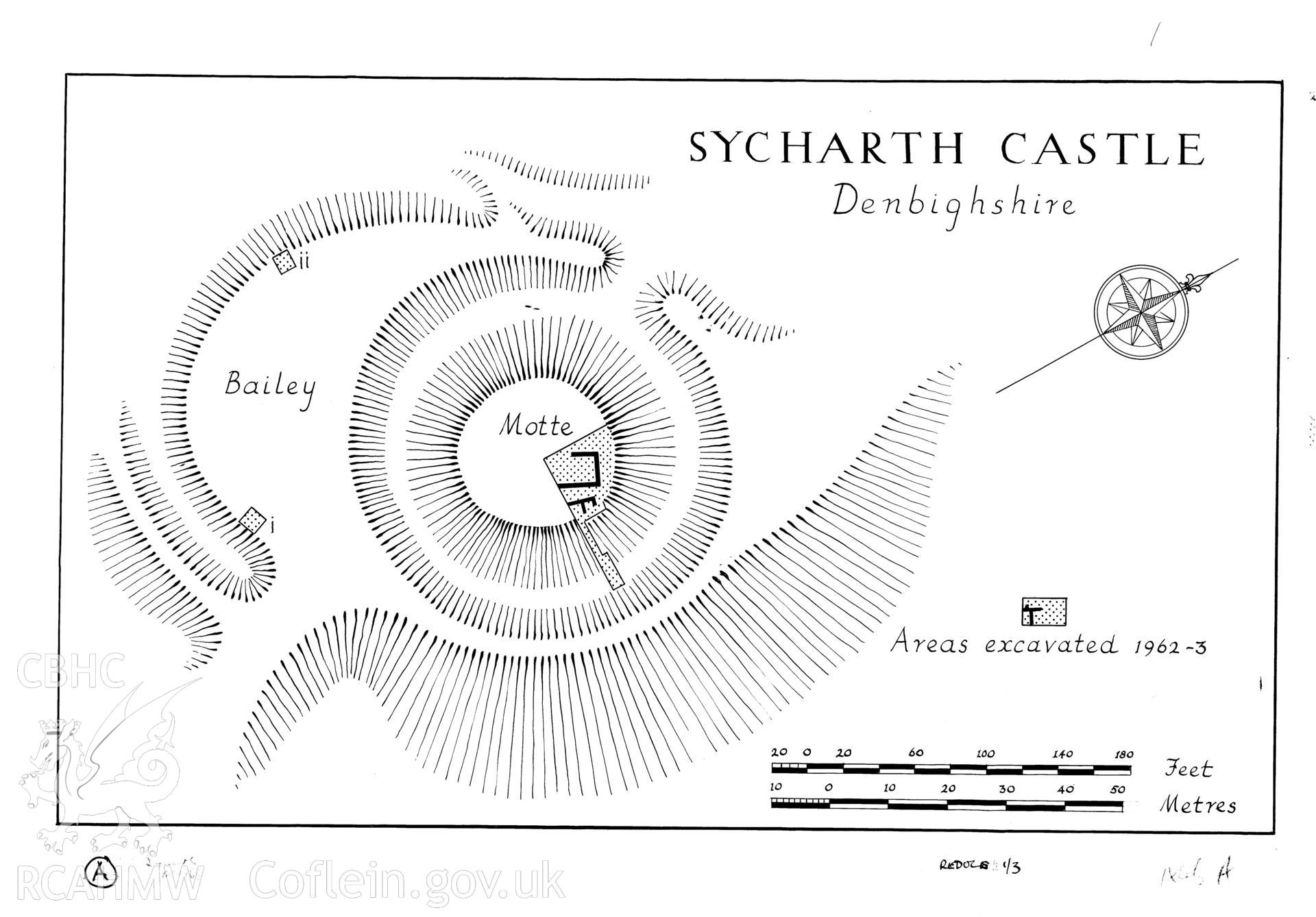Ink drawing by Douglas Hague showing plan of Sycharth Castle, produced during the excavations of 1962-63 and published in Archaeologia Cambrensis Vol CXV, 1966, fig 1.