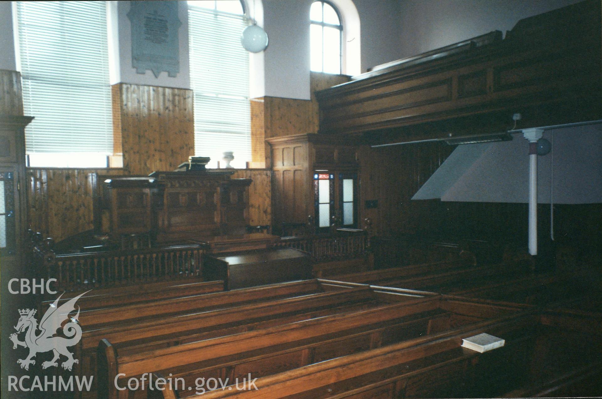 Digital copy of a colour photograph showing an interior view of Capel Isaac Independent Chapel, Llandeilo,  taken by Robert Scourfield, 1995.
