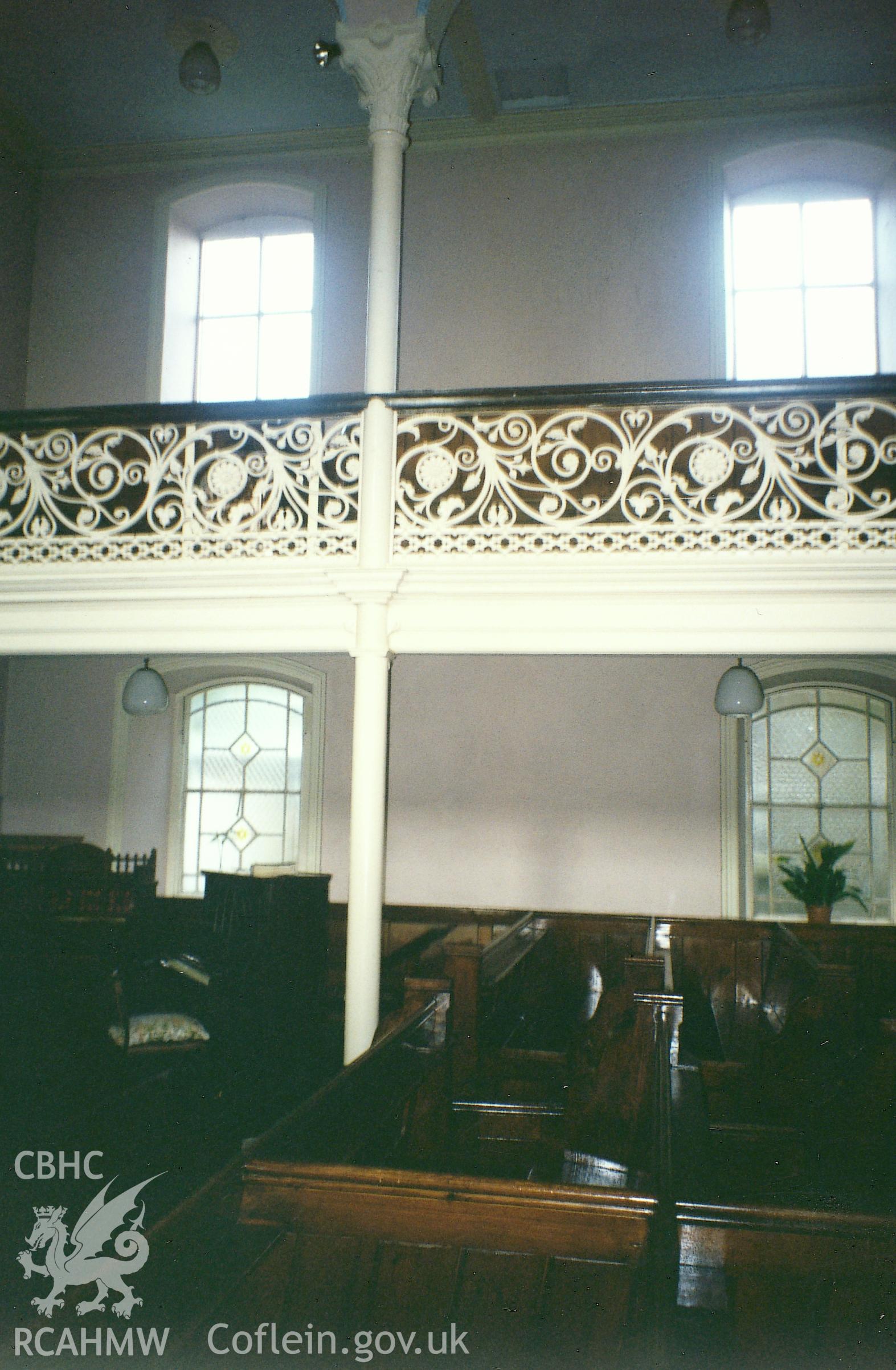 Digital copy of a colour photograph showing an interior view of Tabernacle Congregational Chapel, Haverfordwest,  taken by Robert Scourfield, 1995.