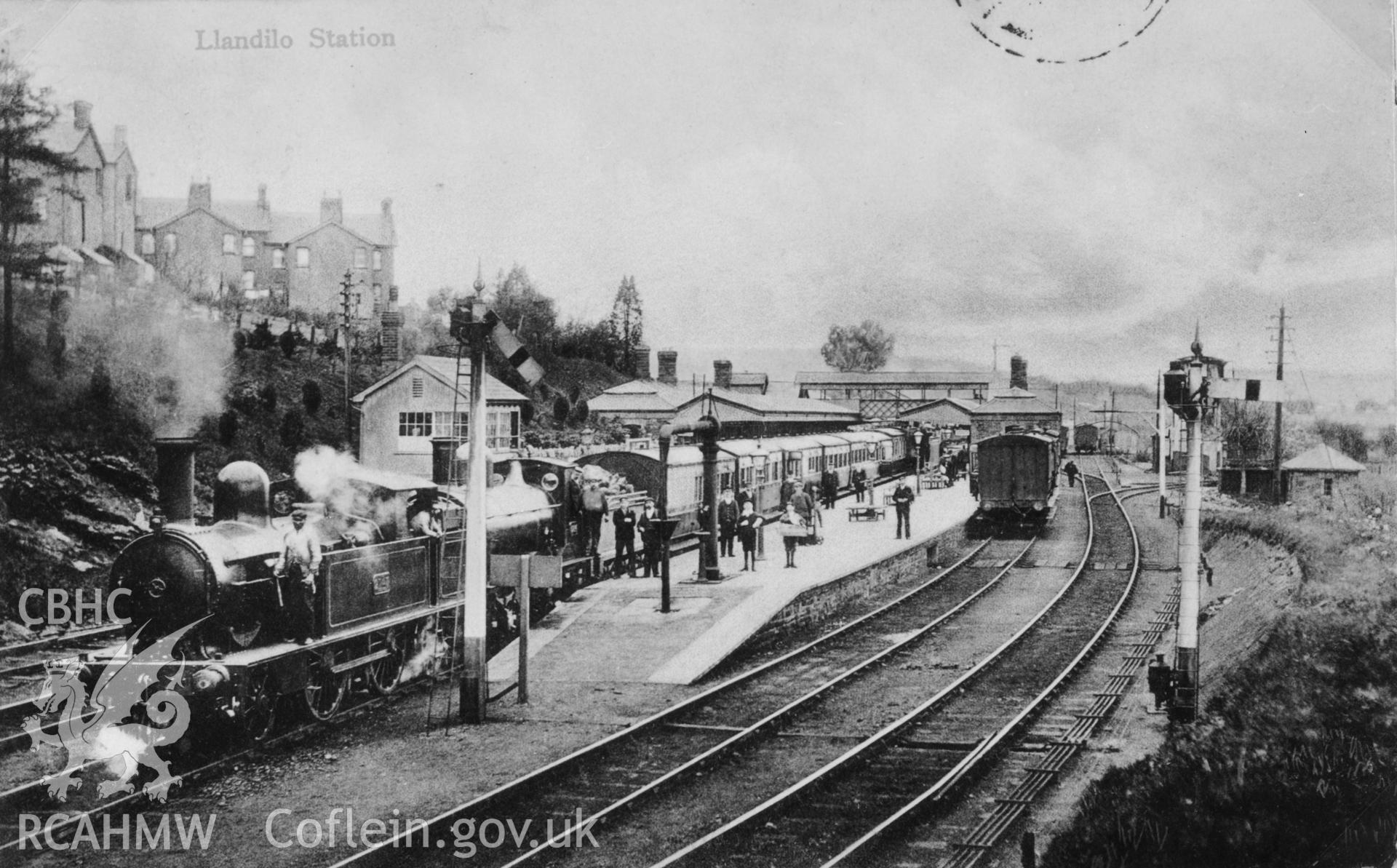 Copy of b/w postcard of Llandilo (Llandeilo) Station, copied from original loaned by Thomas Lloyd. Copy negative held.