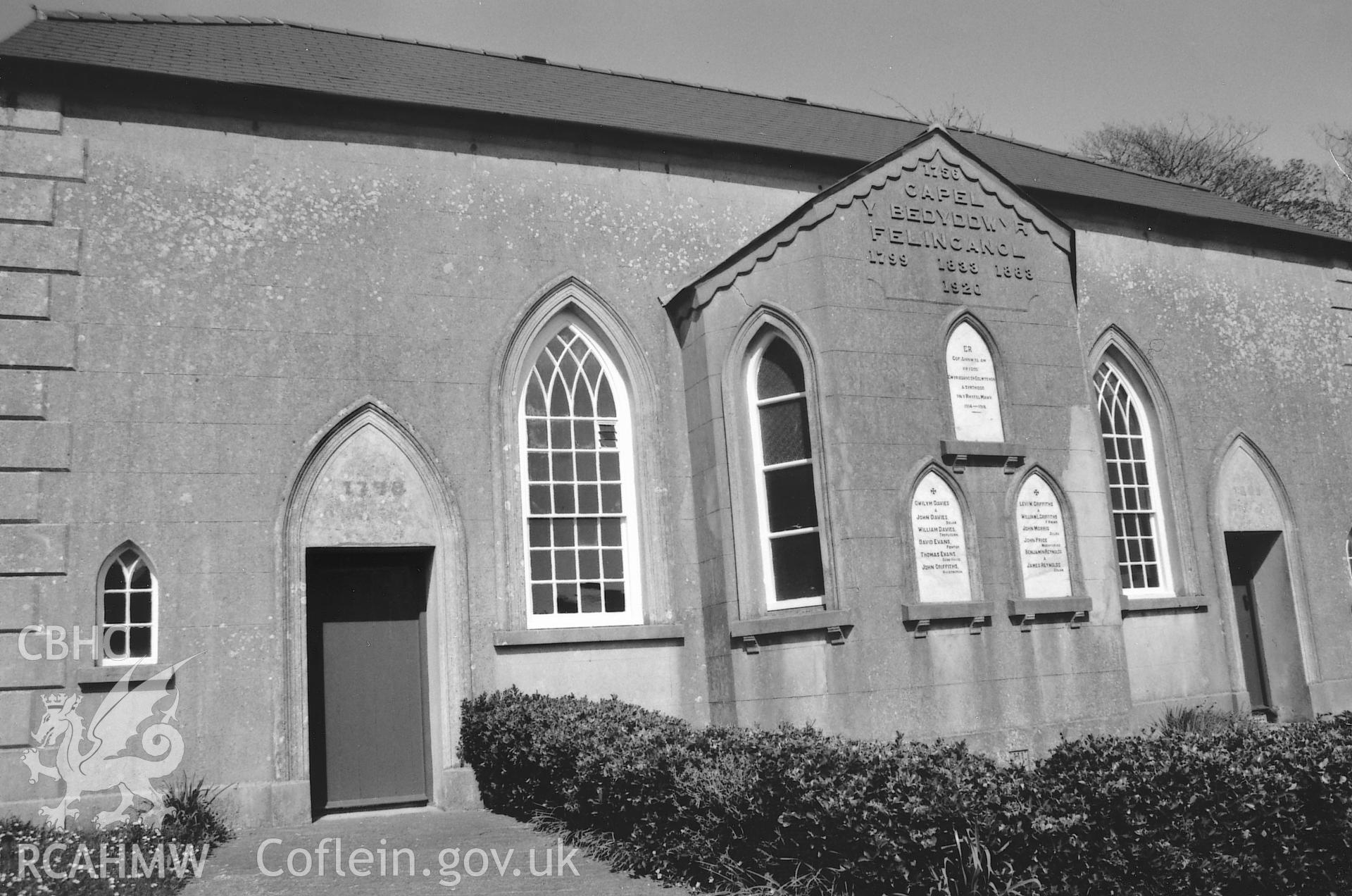 Digital copy of a black and white photograph showing a view of the datestone at Felin Ganol Baptist Chapel, Whitchurch, taken by Robert Scourfield, 1995.