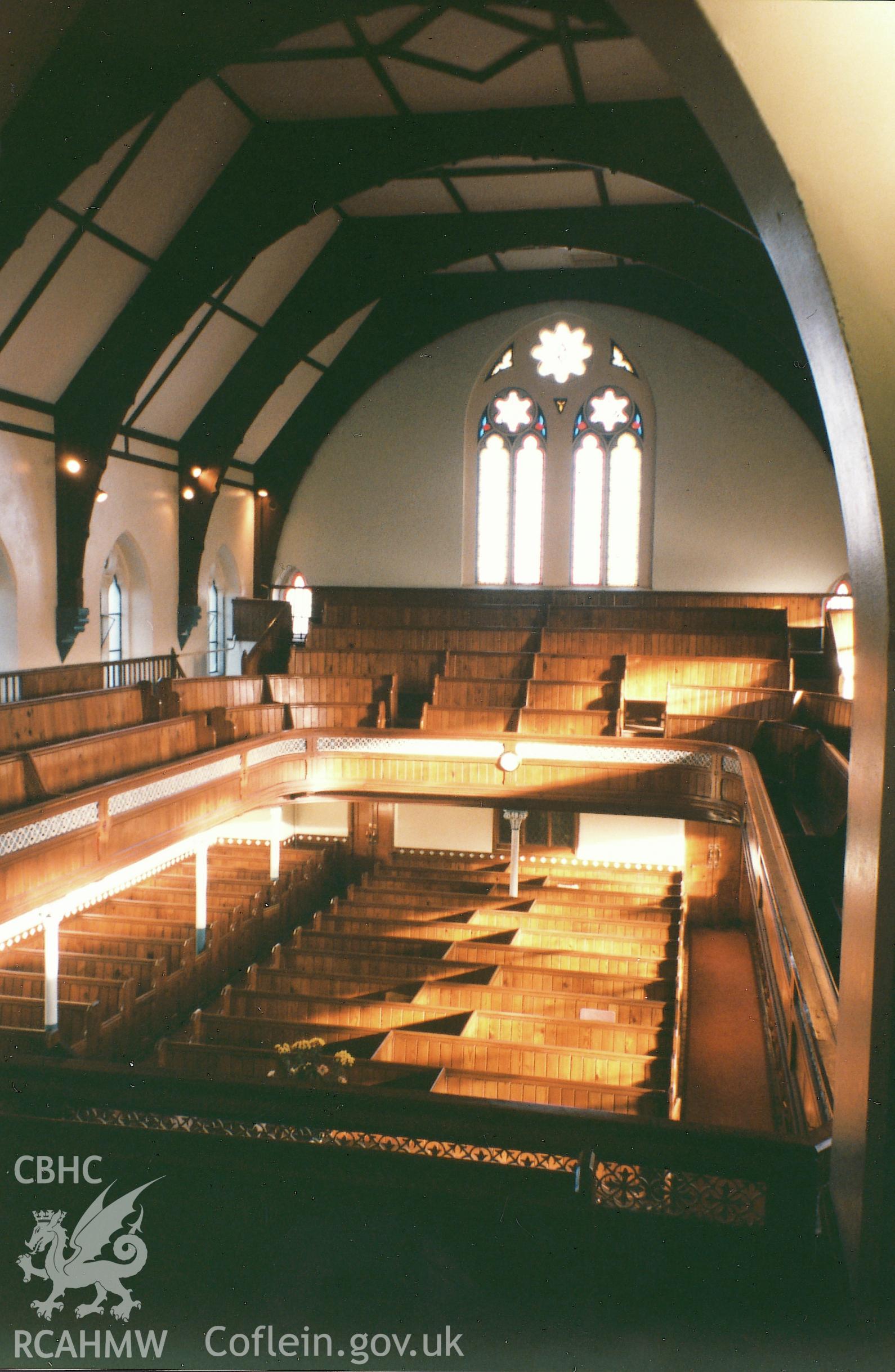 Digital copy of a colour photograph showing an interior view of North Road Baptist Chapel, Milford Haven,  taken by Robert Scourfield, 1995.