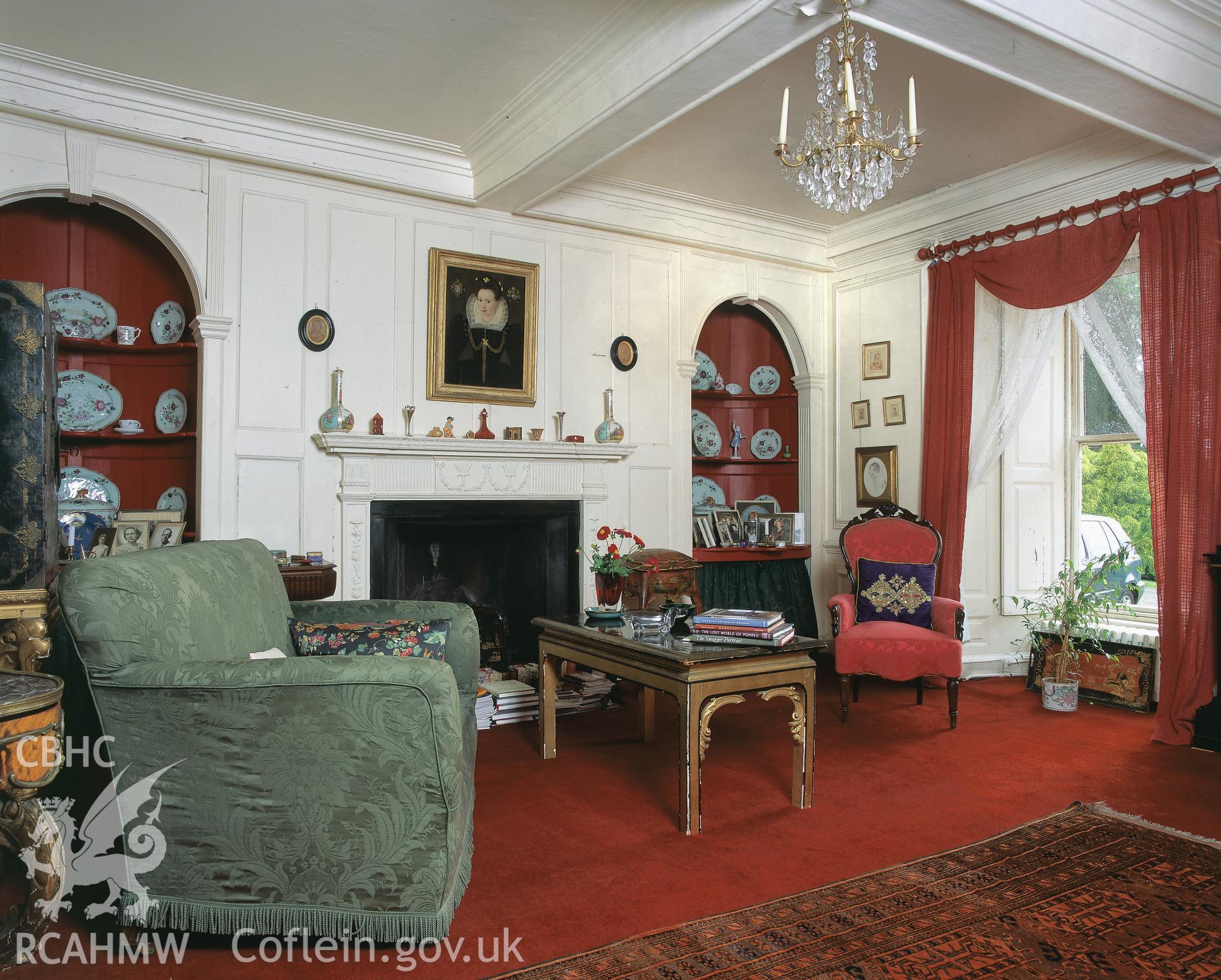 RCAHMW colour transparency showing ground floor, interior view of Bronwydd, Cwmgwili.