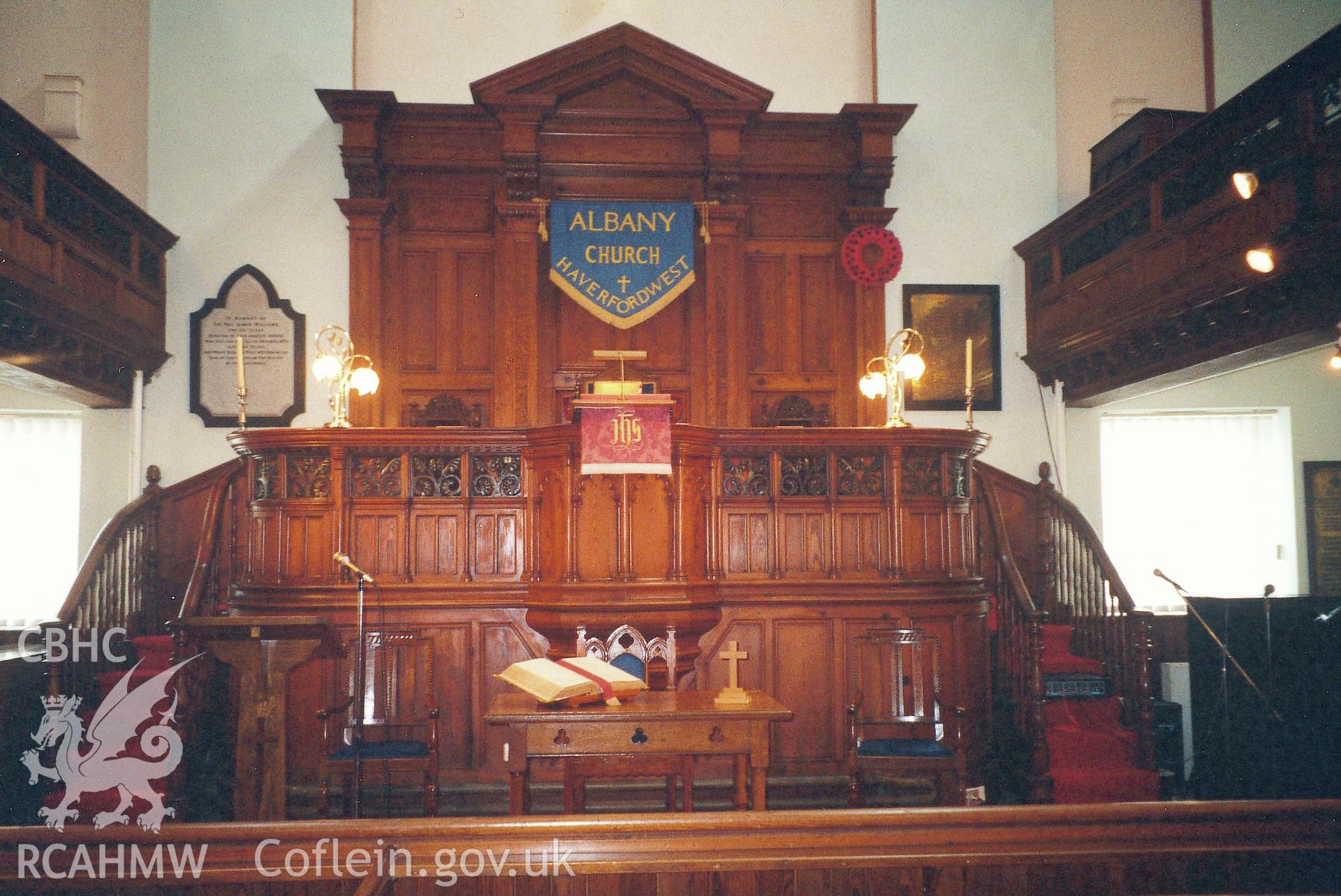 Digital copy of a colour photograph showing an interior view of Albany Congregational Chapel, Haverfordwest,  taken by Robert Scourfield, 1995.