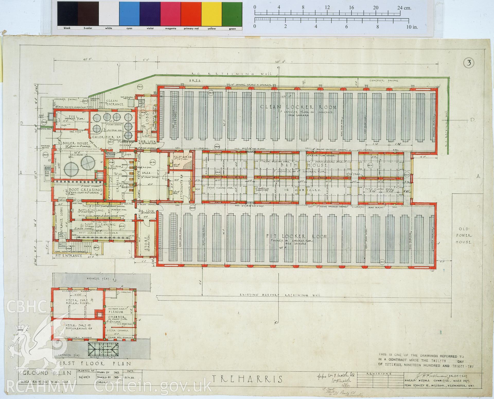 Colour transparency of a measured drawing showing first floor plan of the Bath House at  Ocean Deep Navigation Colliery , by J.H. Forshaw, Architect, 1932, from originals currently held by Gwent Record Office pending distribution to relevant county.