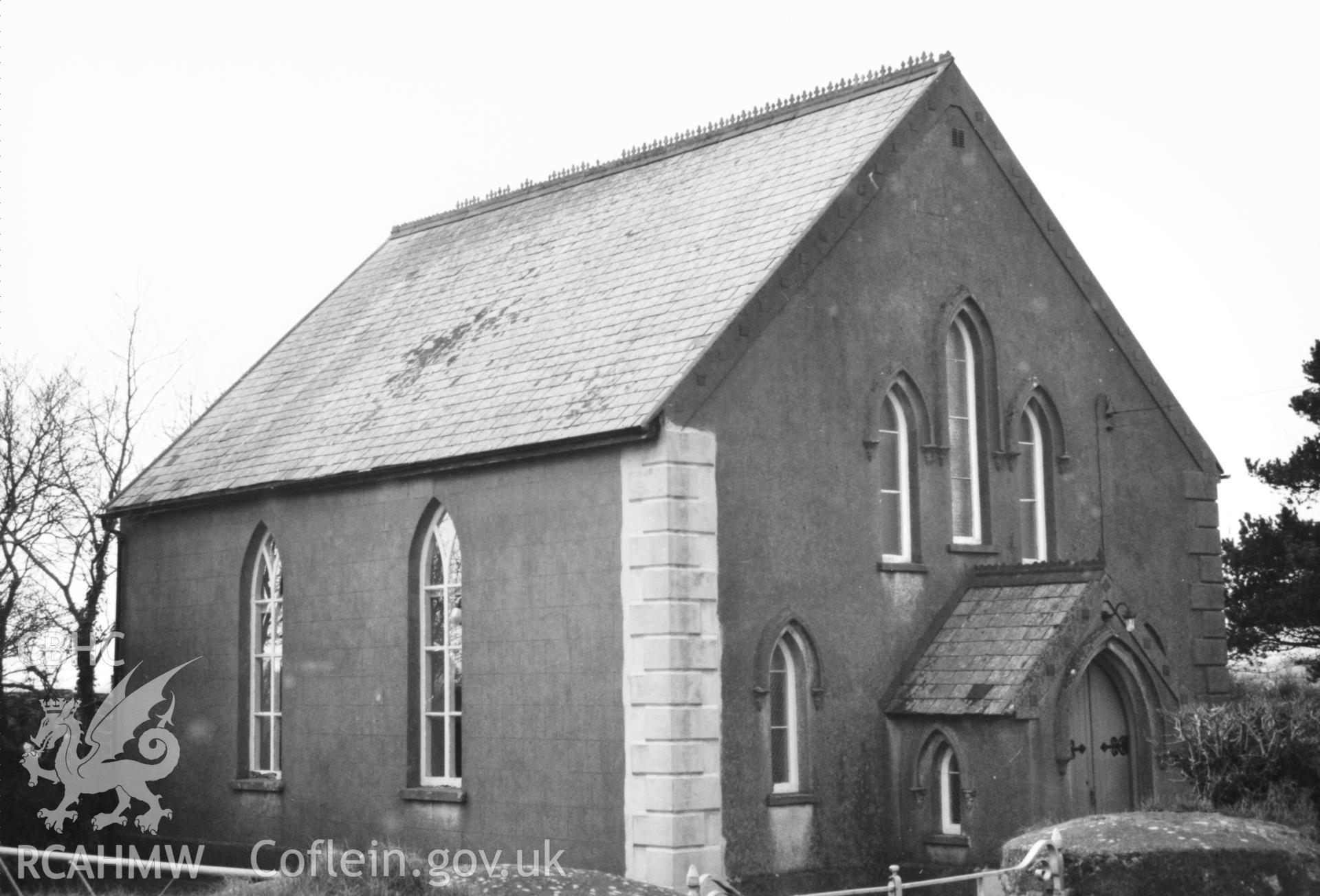Digital copy of a black and white photograph showing exterior view of Walton East Welsh Calvinistic Methodist Chapel, taken by Robert Scourfield, 1996.