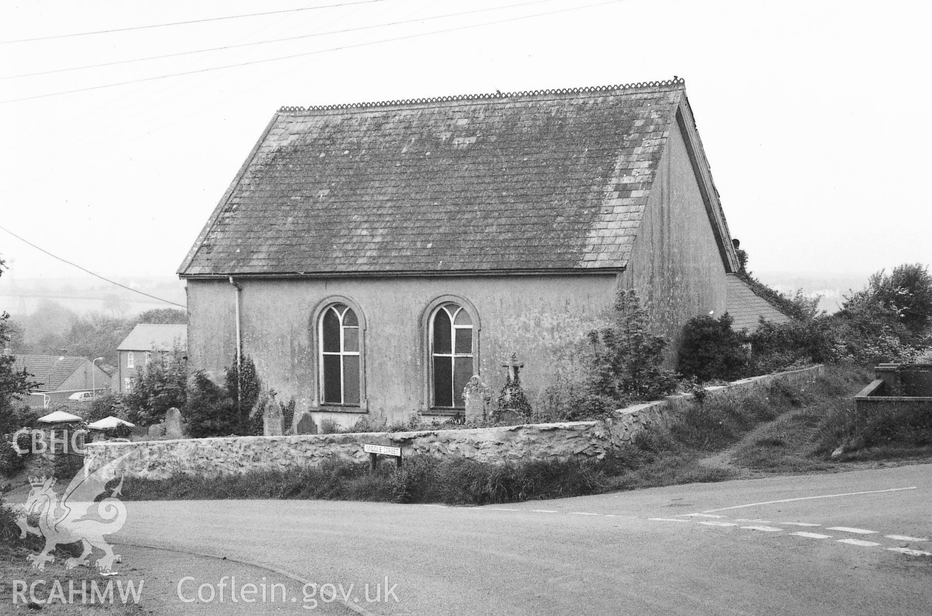 Digital copy of a black and white photograph showing an exterior view of Tabernacle Independent Chapel, Rosemarket, taken by Robert Scourfield, 1995.
