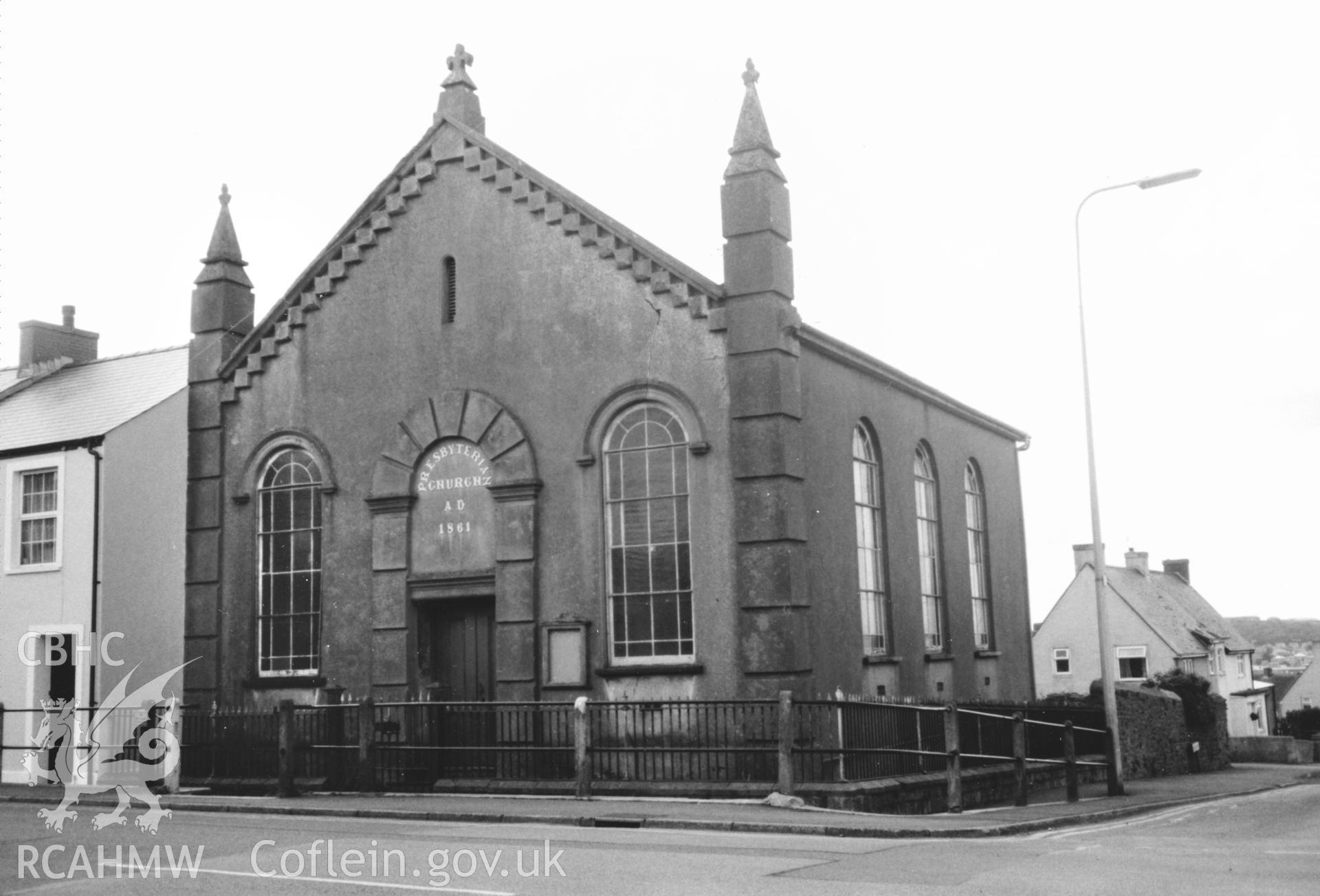 Digital copy of a black and white photograph showing an exterior view of Zion Welsh Presbyterian Chapel, Neyland,  taken by Robert Scourfield, 1996.