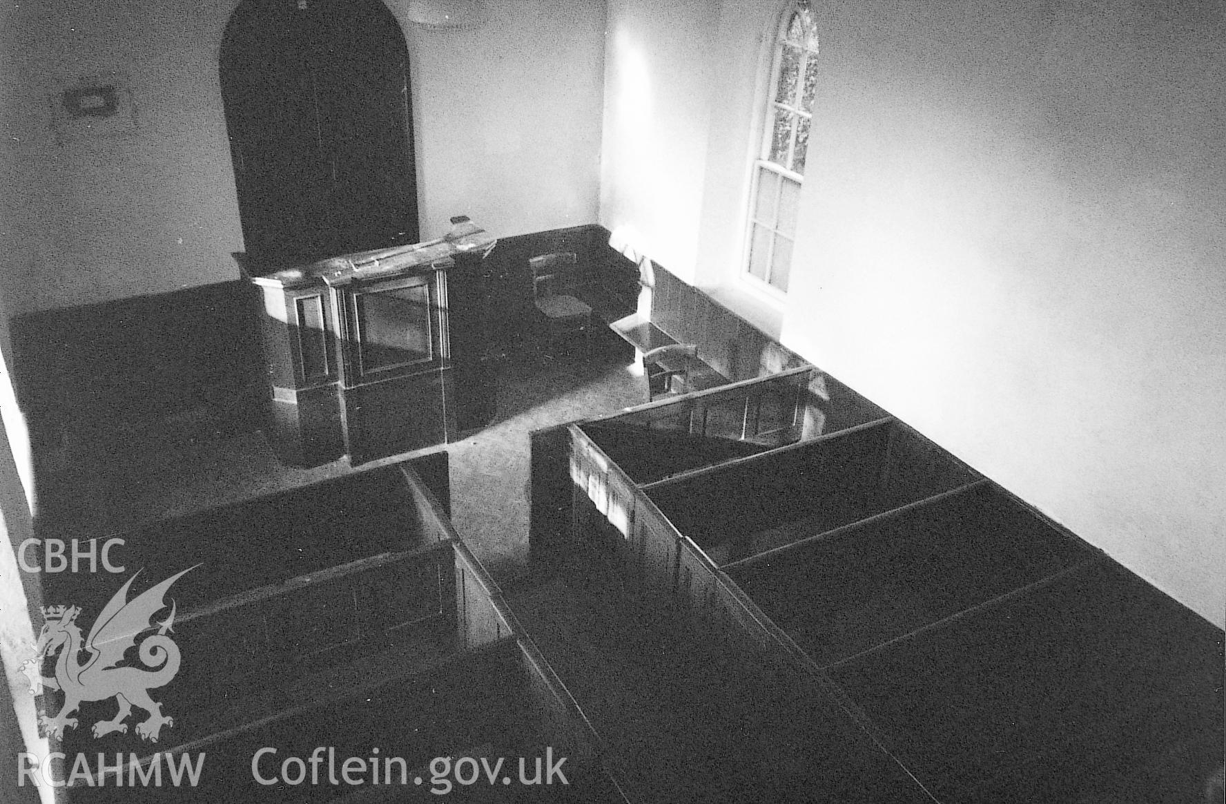 Digital copy of a black and white photograph showing an interior view of Dreen Hill  Calvinistic Methodist Chapel, Steynton, taken by Robert Scourfield, 1995.
