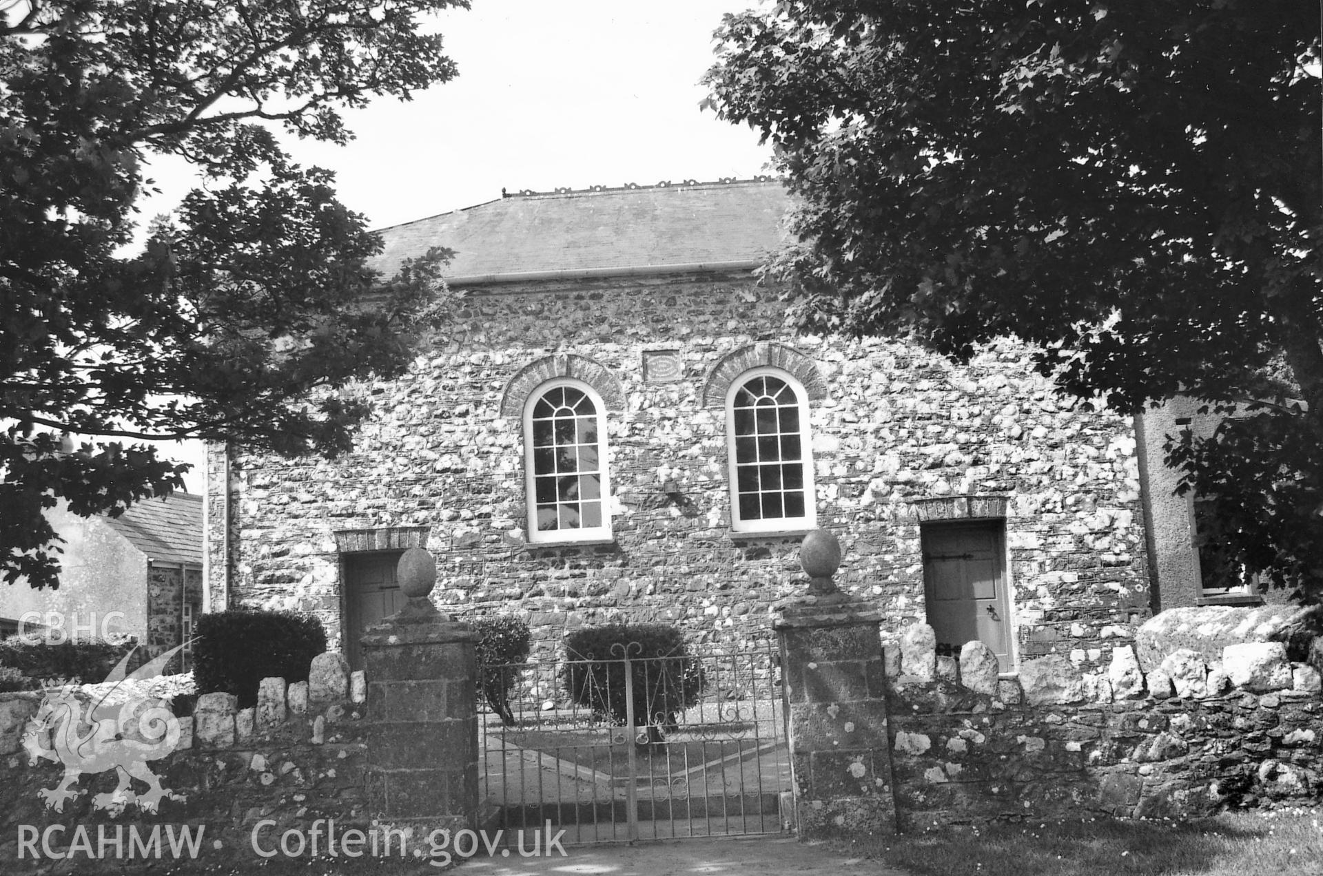 Digital copy of a black and white photograph showing an exterior view of Caerfachell Calvinistic Methodist Chapel, St David's, taken by Robert Scourfield, 1995.