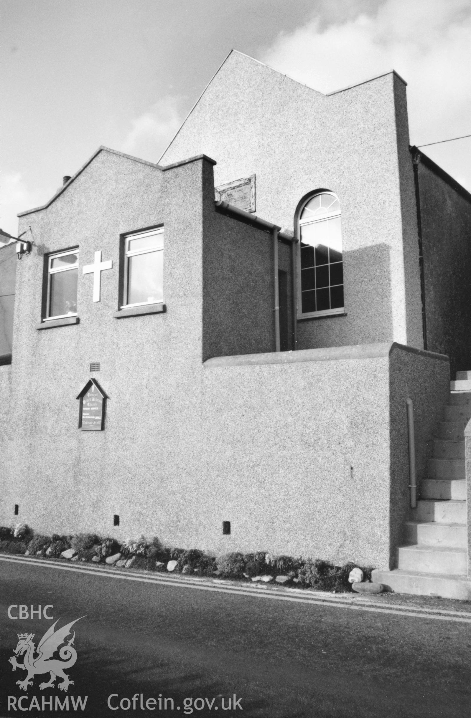 Digital copy of a black and white photograph showing exterior view of Ebenezer Independent Chapel, Amroth, taken by Robert Scourfield, 1996.