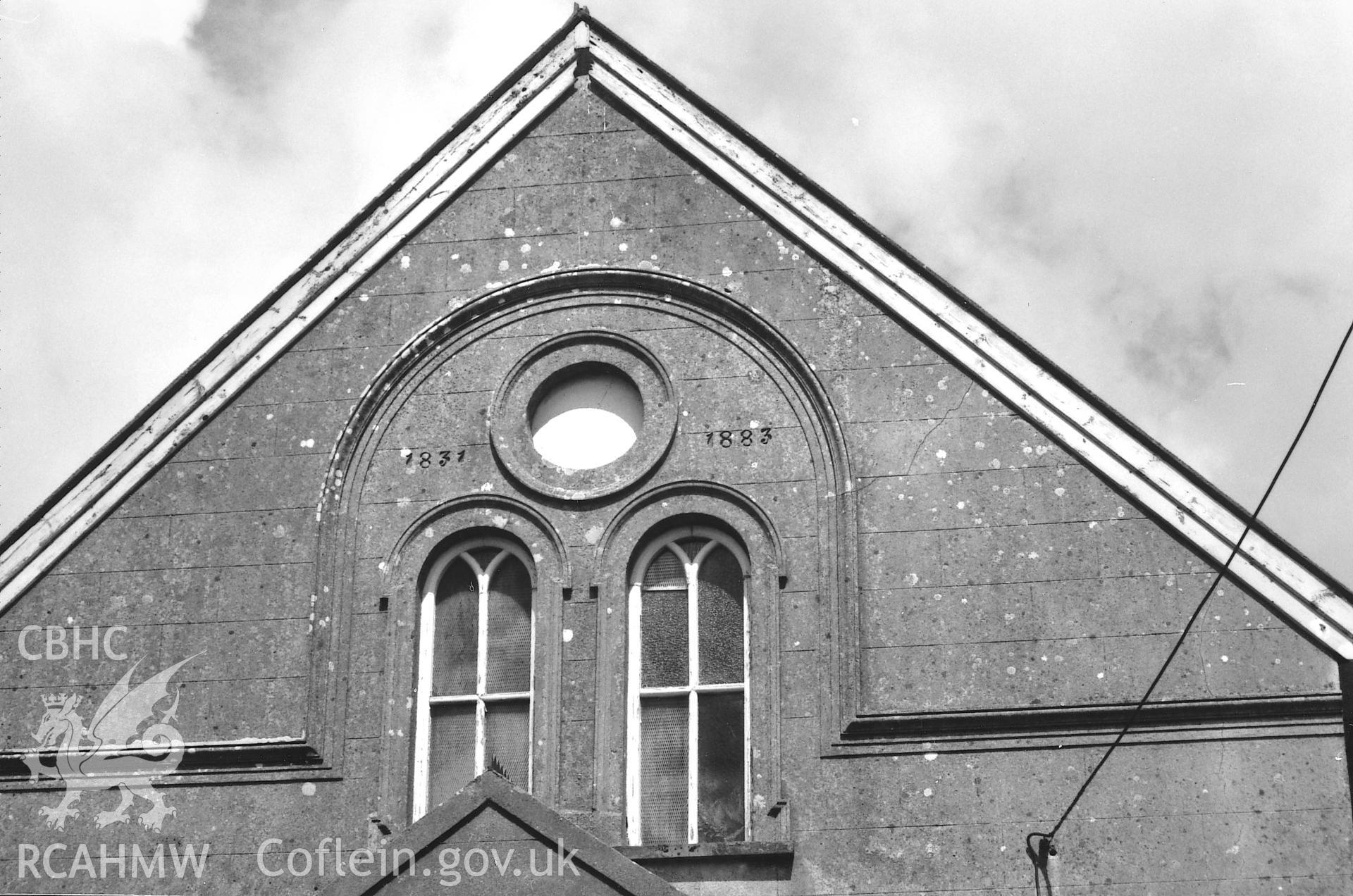 Digital copy of a black and white photograph showing a view of the datestone at Tabernacle Independent Chapel, Rosemarket, taken by Robert Scourfield, 1995.