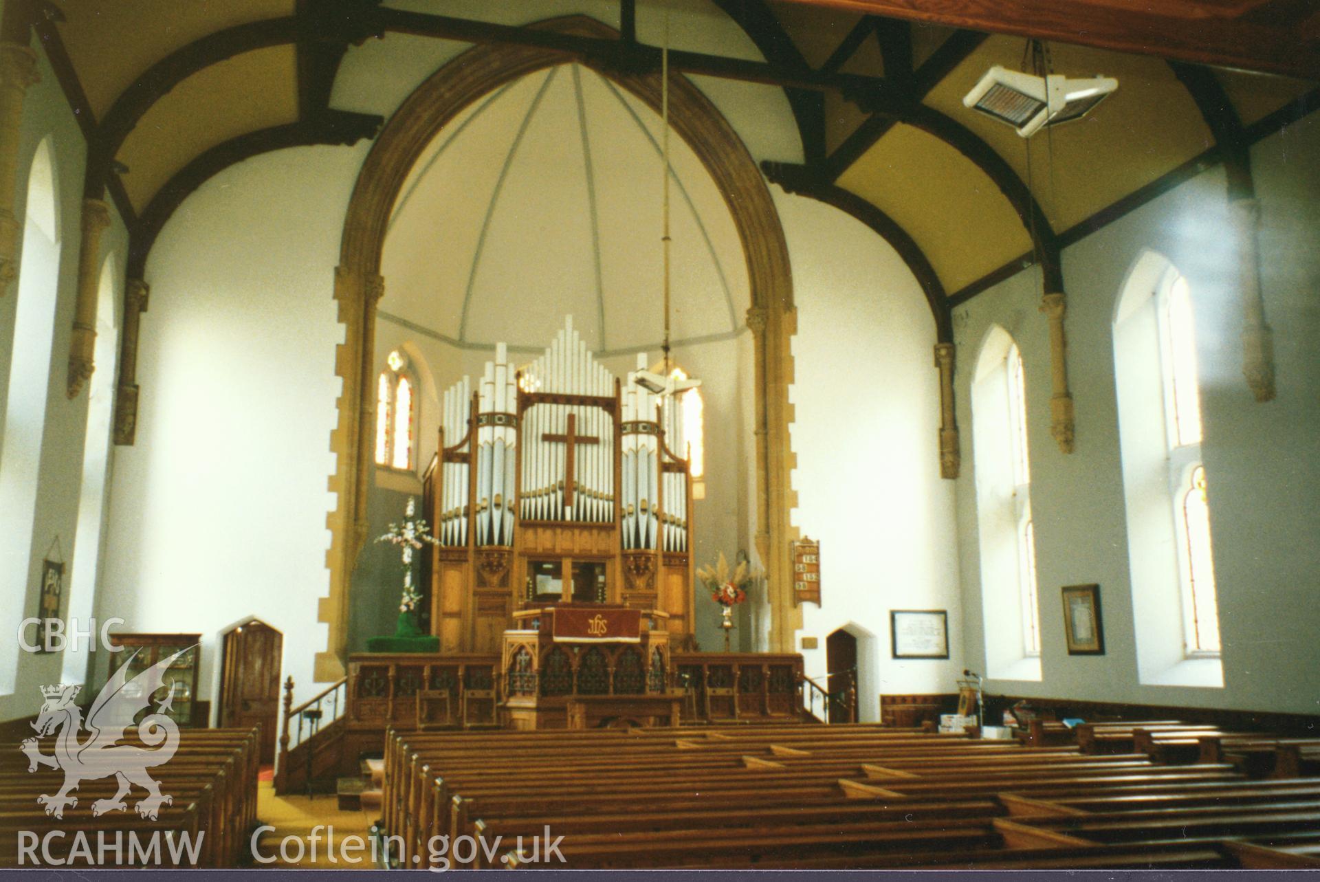 Digital copy of a colour photograph showing interior view of Deer Park English Baptist Chapel, Tenby,  taken by Robert Scourfield, 1996.