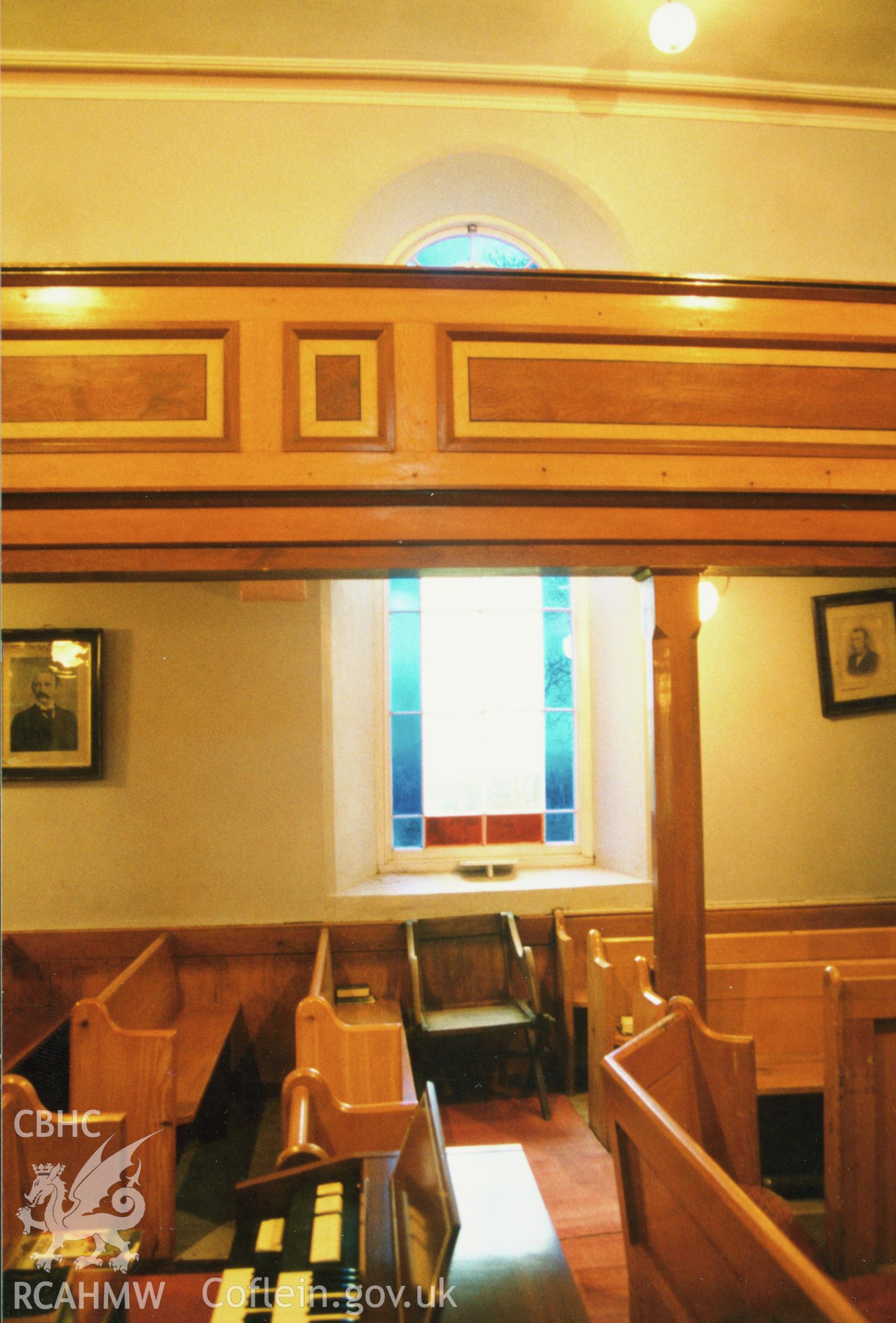 Digital copy of a colour photograph showing an interior view of Carmel Baptist Chapel, Clarbeston, taken by Robert Scourfield, 1996.