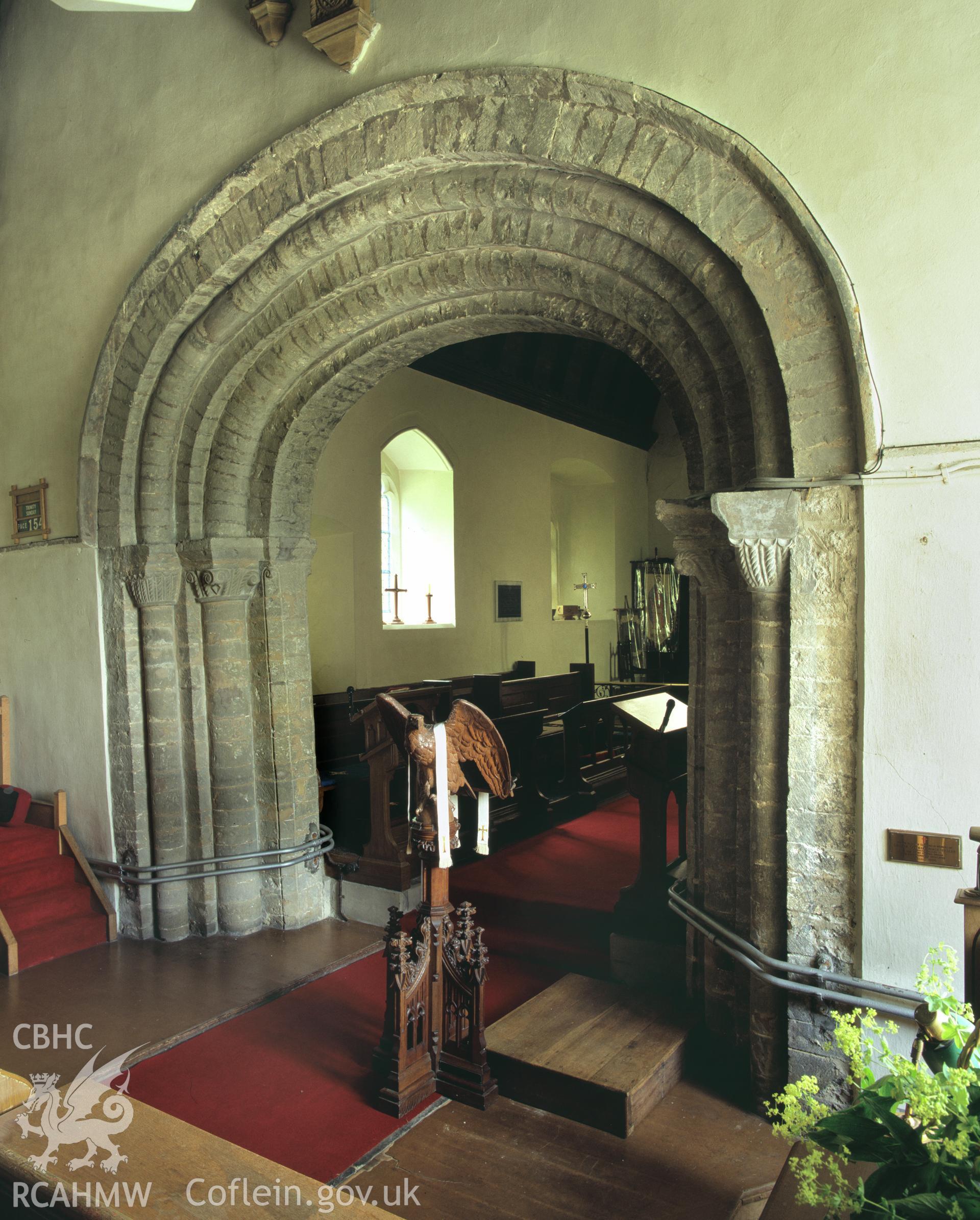 Colour transparency showing view of the chancel arch at St Mary Magdalene's Church, St Clears, produced by Iain Wright, June 2004.